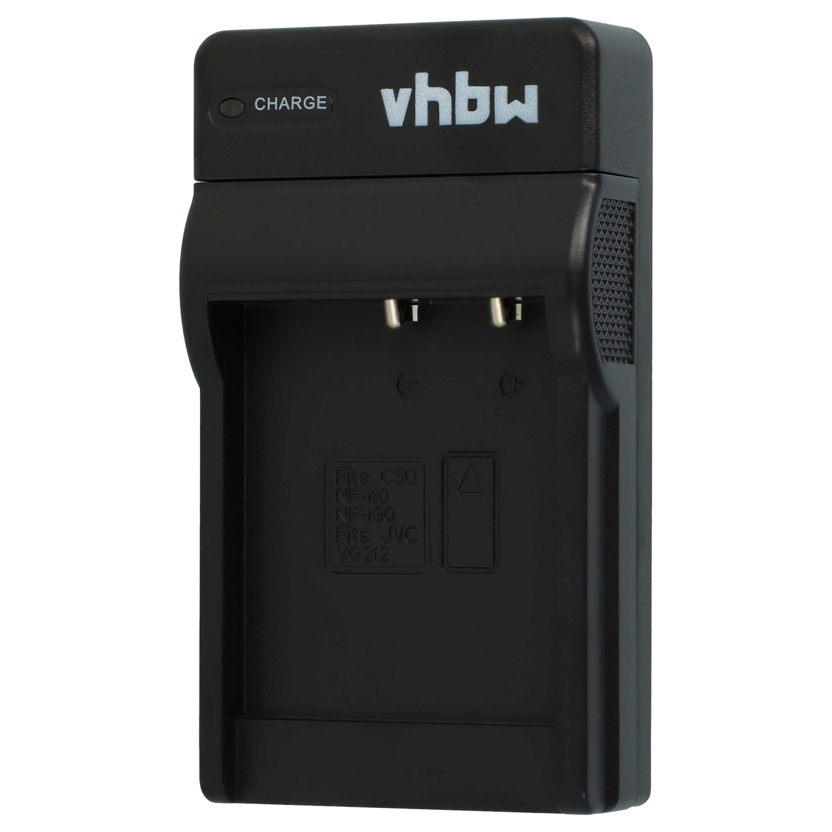 Ein schwarzes vhbw-Batterieladegerät. Es hat eine Ladeanzeige, das Logo der Marke und Informationen zur Batteriekompatibilität.