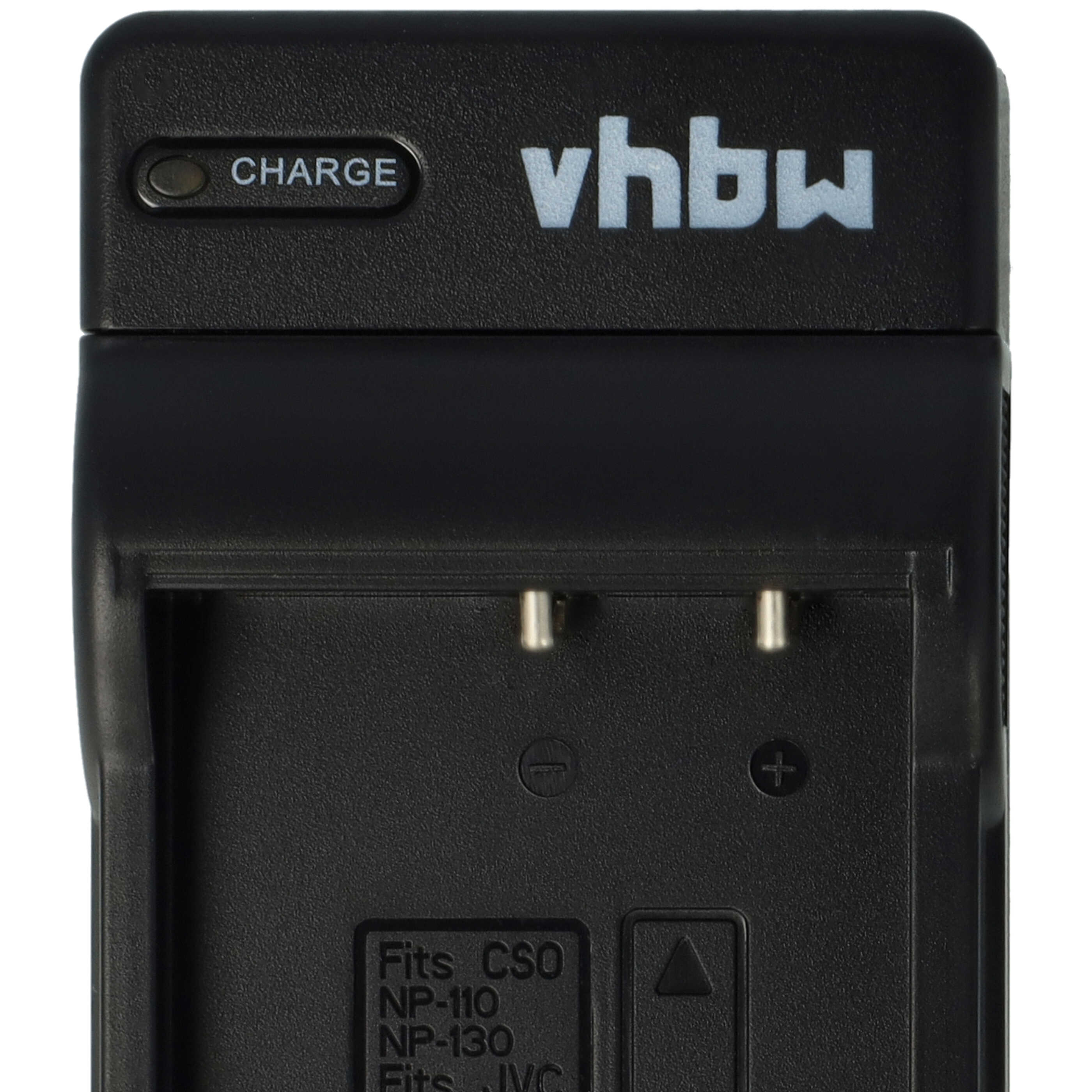 Schwarzes Batterieladegerät mit dem Wort 'CHARGE' und der Marke 'vhbw'. Es hat eine Ladeanzeige und Steckplätze für Batterien.