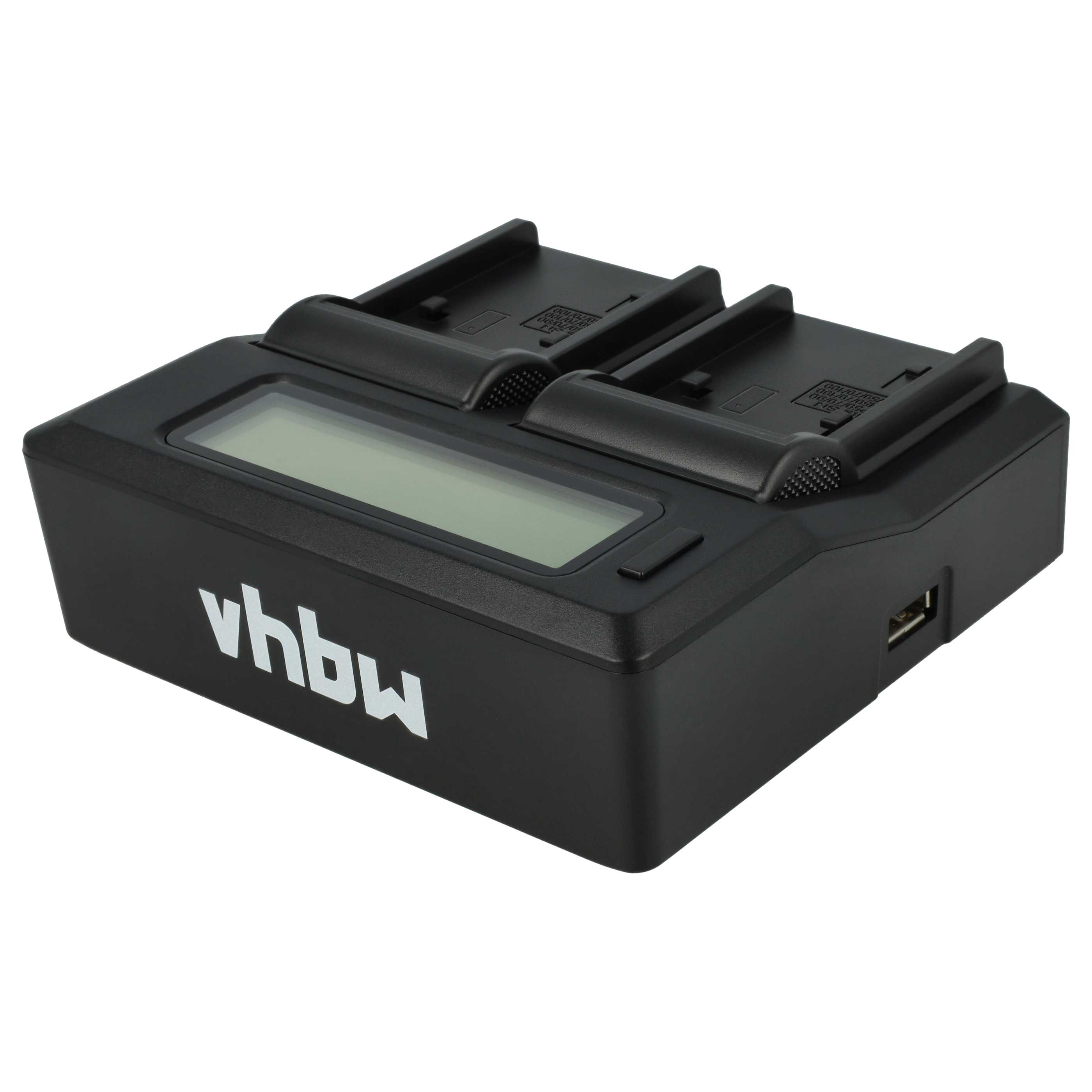 Ein schwarzes Batterieladegerät mit Display und zwei Ladeschächten. Der Markenname "vhbw" ist sichtbar.