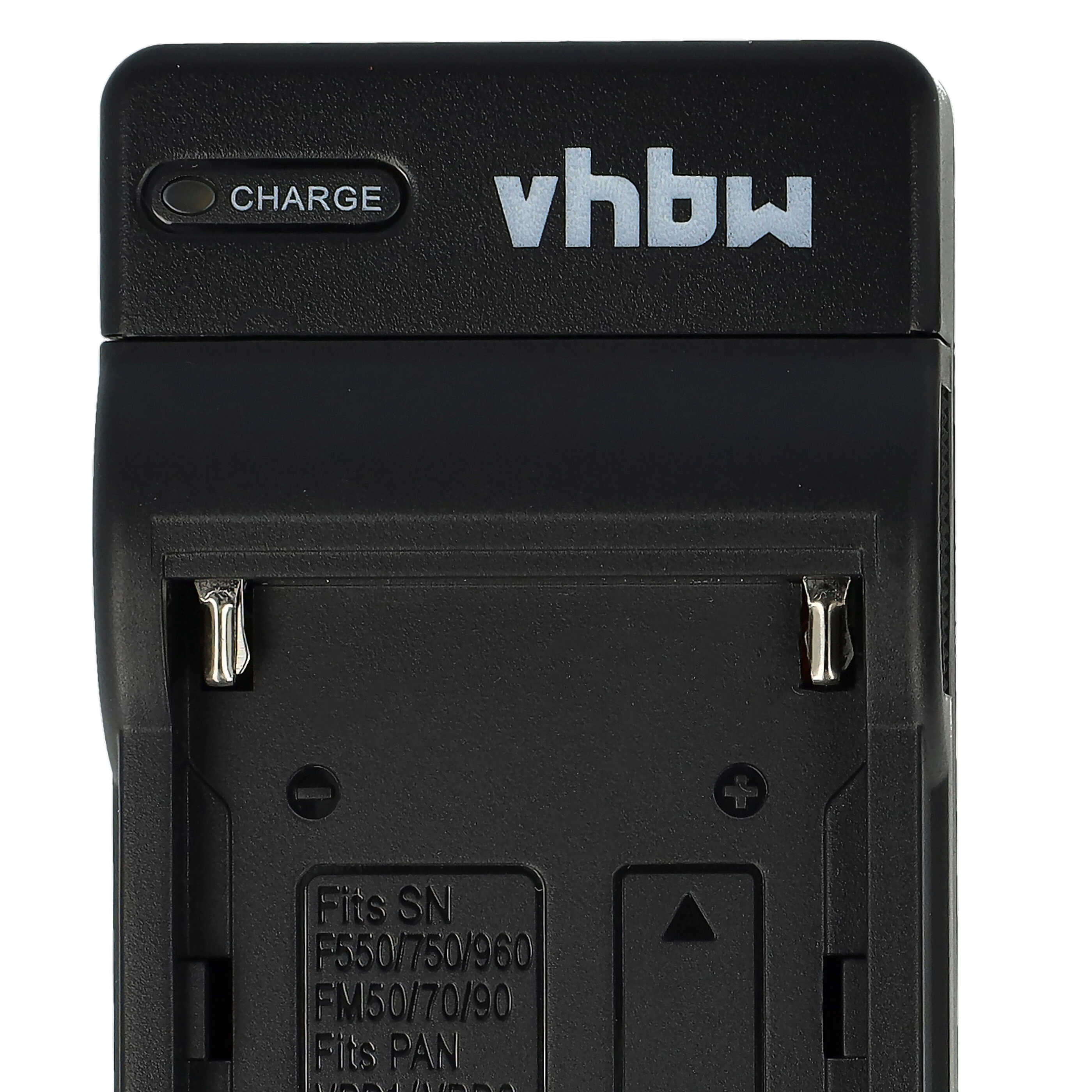 Schwarzes Batterieladegerät mit 'vhbw'-Logo. Es hat eine Ladeanzeige und Steckplätze für Batterien. Text enthält 'Fits SN' und Modellnummern.