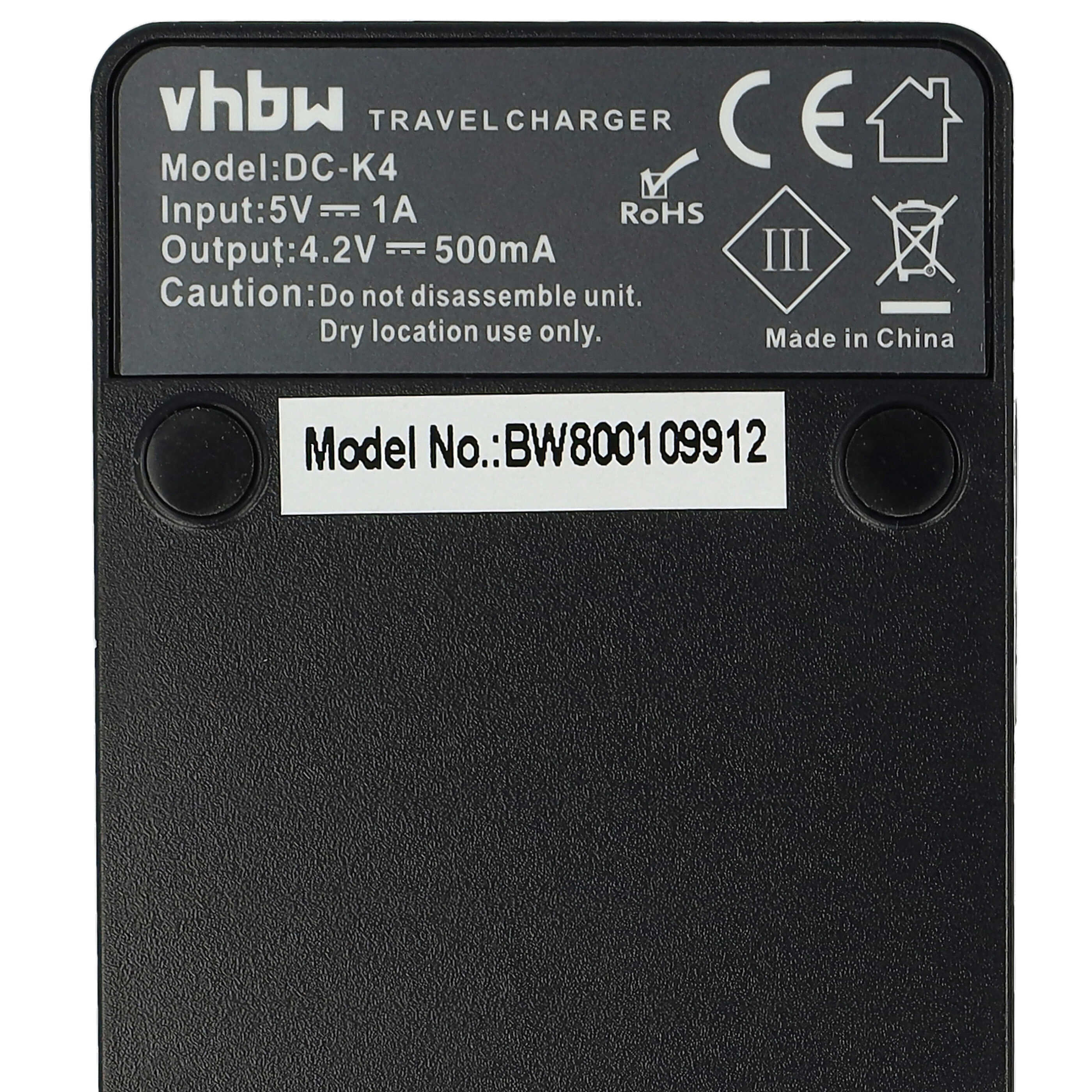Schwarzes Reiseladegerät mit Text: vhbw, Model: DC-K4, Input: 5V, Output: 4,2V und Model-Nr.: BW800109912. Hergestellt in China.