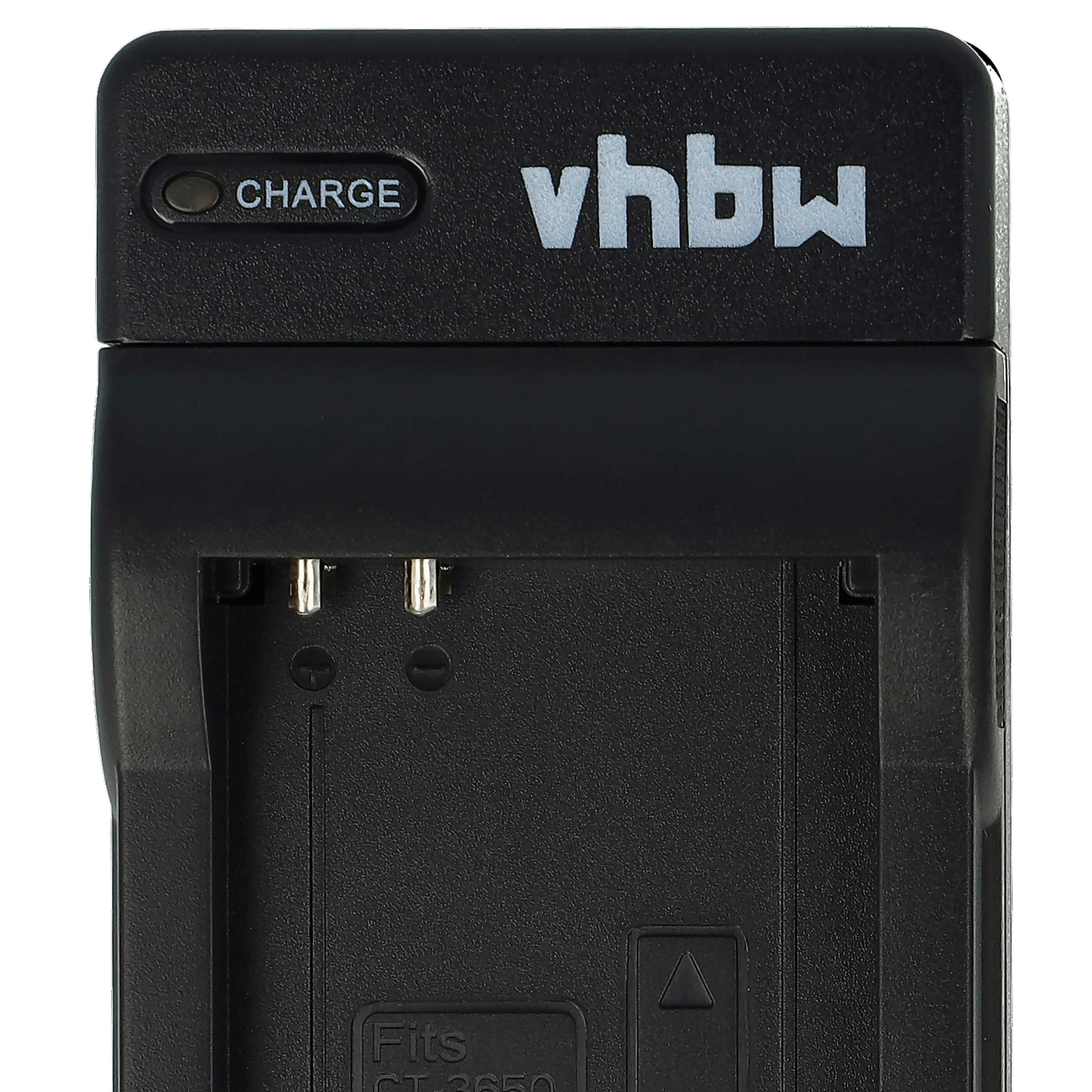 Schwarzes Batterieladegerät mit dem Wort „vhbw“ und einer Ladeanzeige. Es hat einen Steckplatz für Batterien.