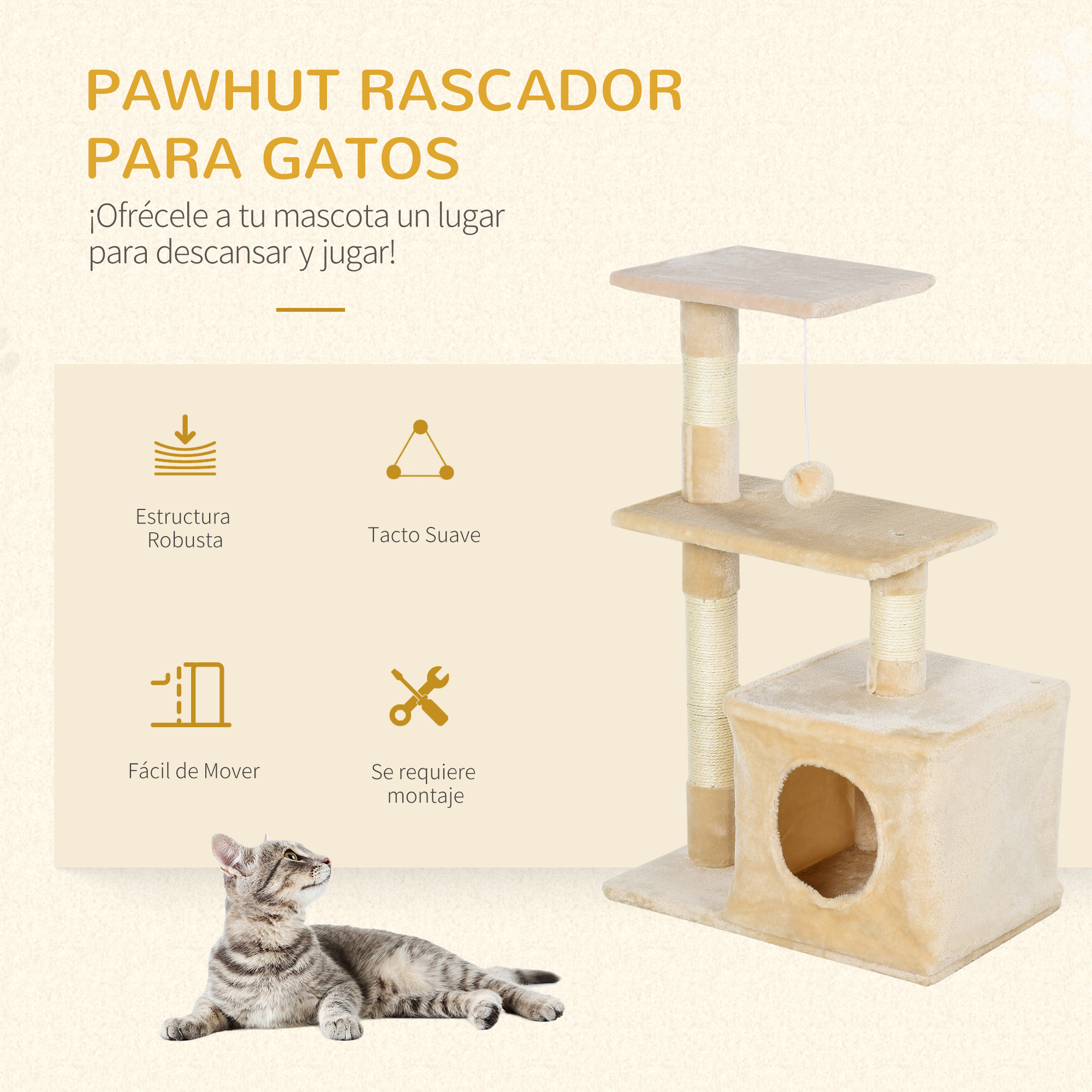 Un árbol para gatos beige con un gato gris acostado en la parte inferior. Texto en español: "PAWHUT RASCADOR PARA GATOS".