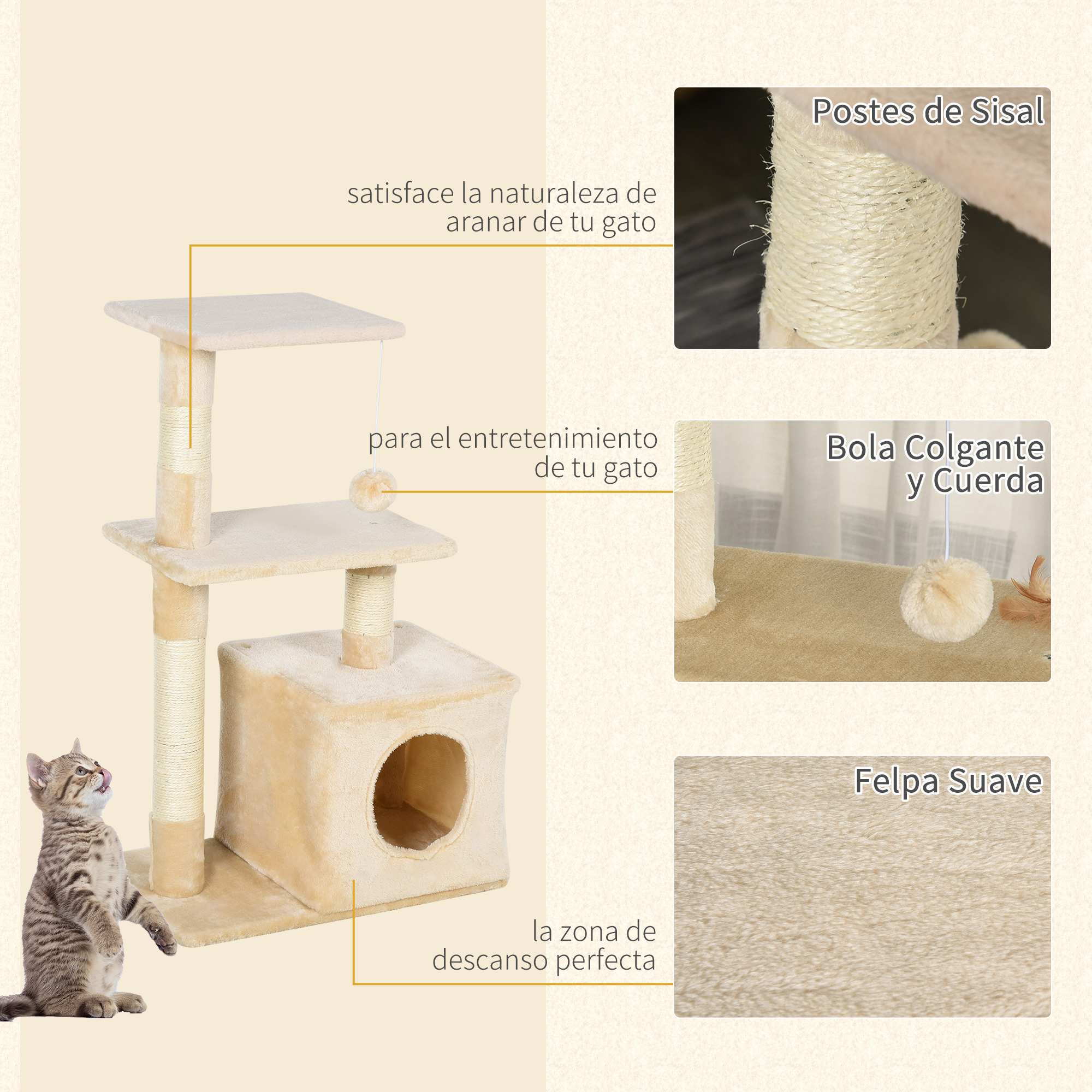 Un árbol para gatos con postes de sisal, una bola colgante y una superficie suave. Un gato está cerca.