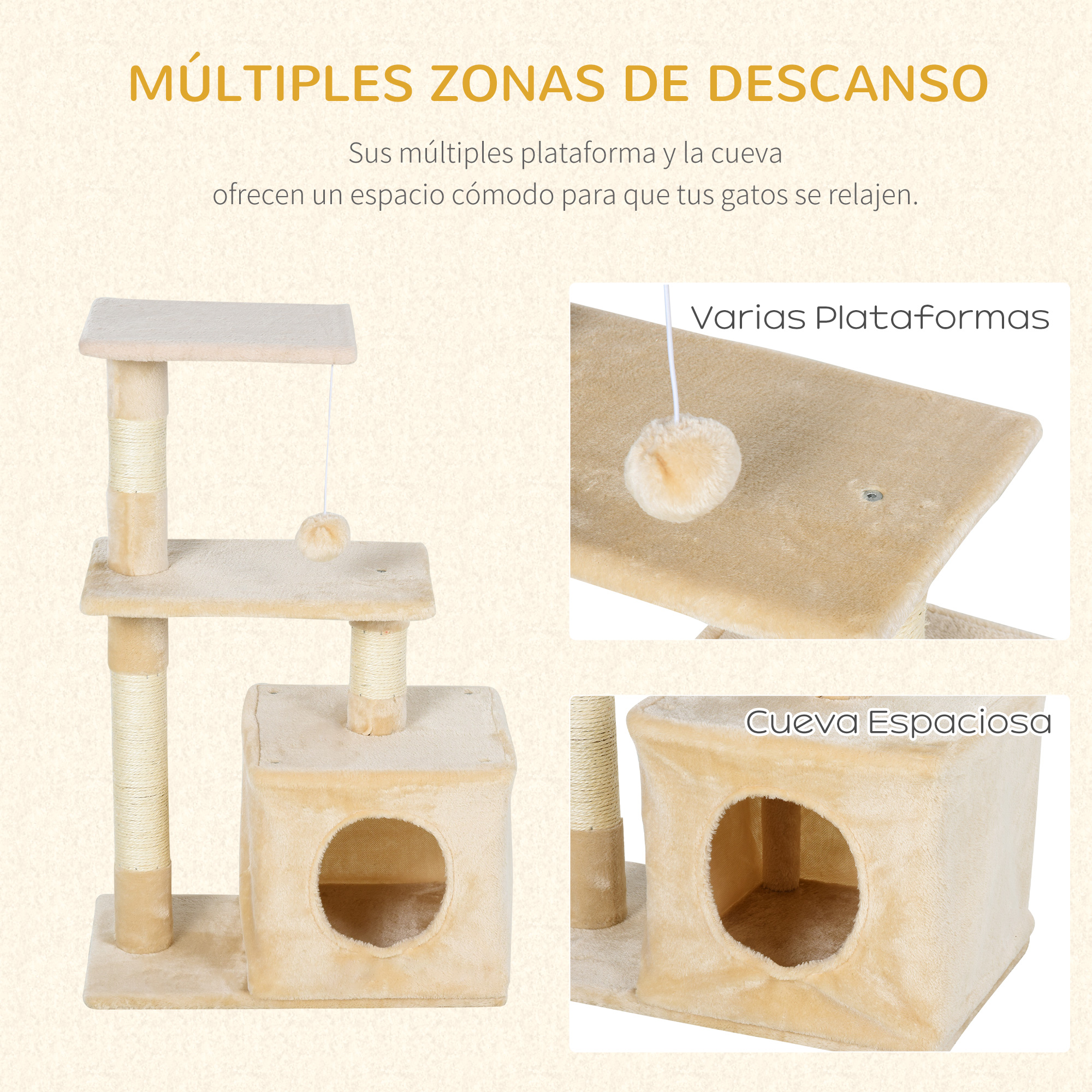 Árbol para gatos beige con múltiples plataformas, postes rascadores y una cueva espaciosa para que los gatos se relajen.