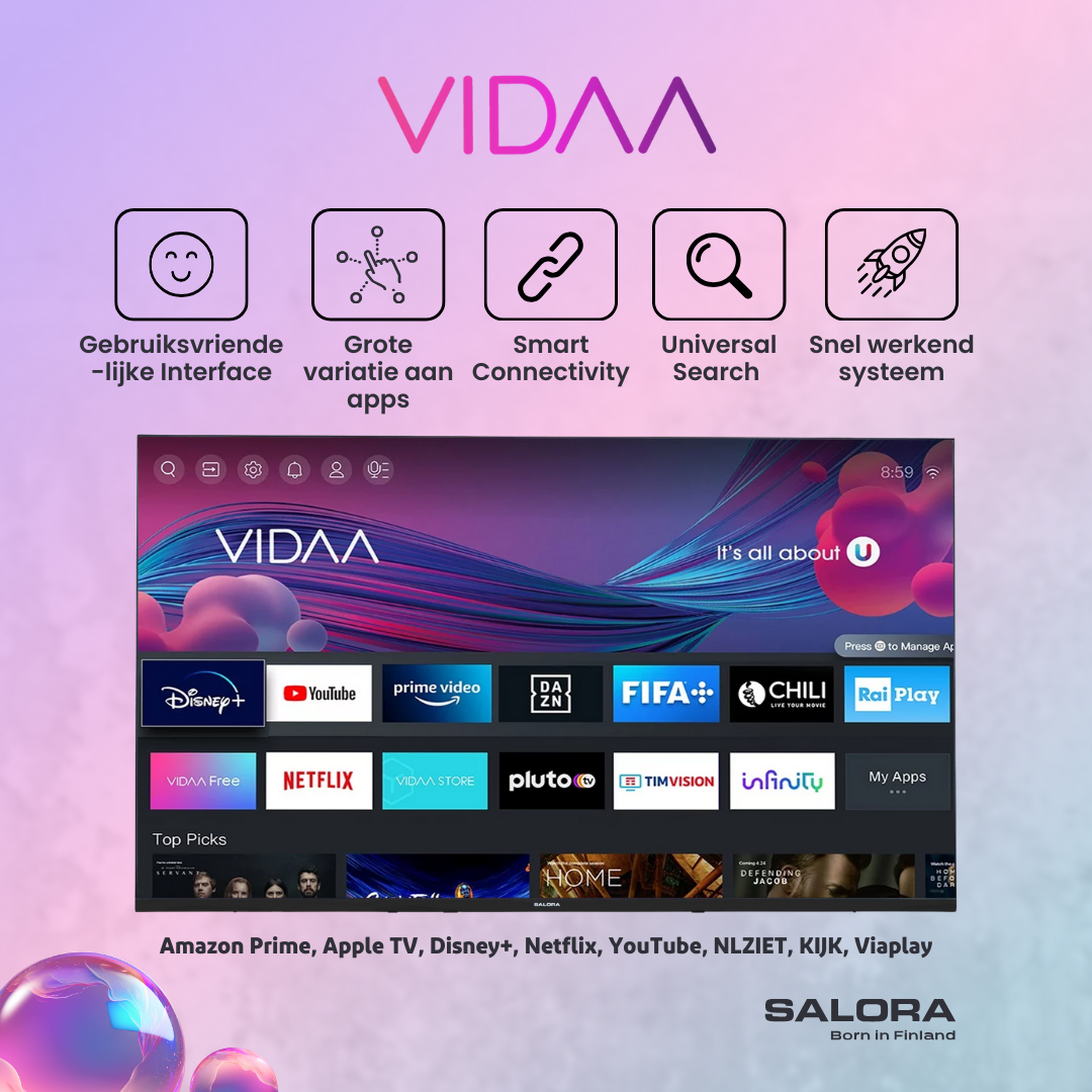 Interface Smart TV VIDAA. Comprend des applications, la recherche universelle et la connectivité. Affiche des logos de services de streaming.