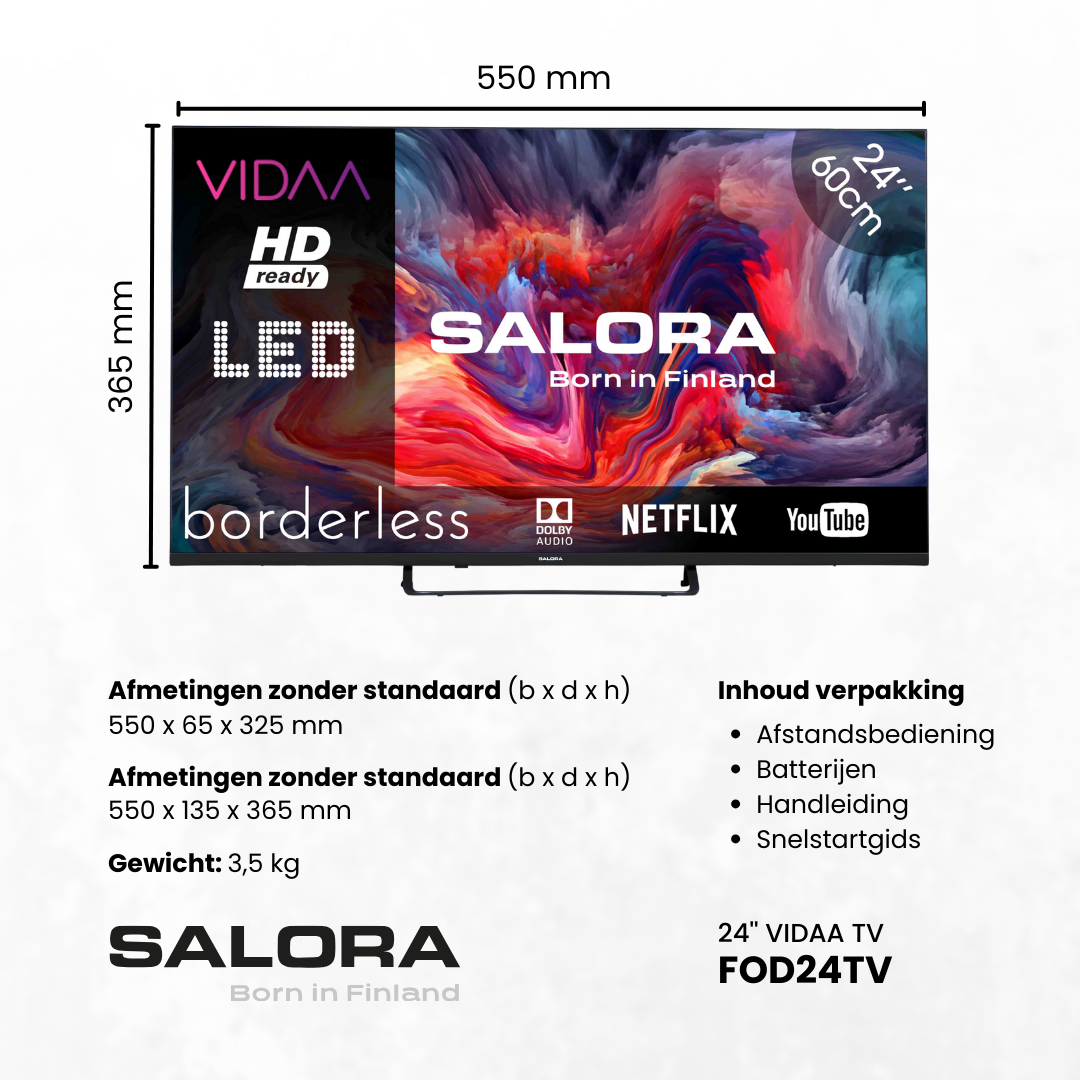 Un téléviseur Salora de 24 pouces avec un écran coloré. Il présente le logo Vidaa, les icônes Netflix et YouTube, et des spécifications.