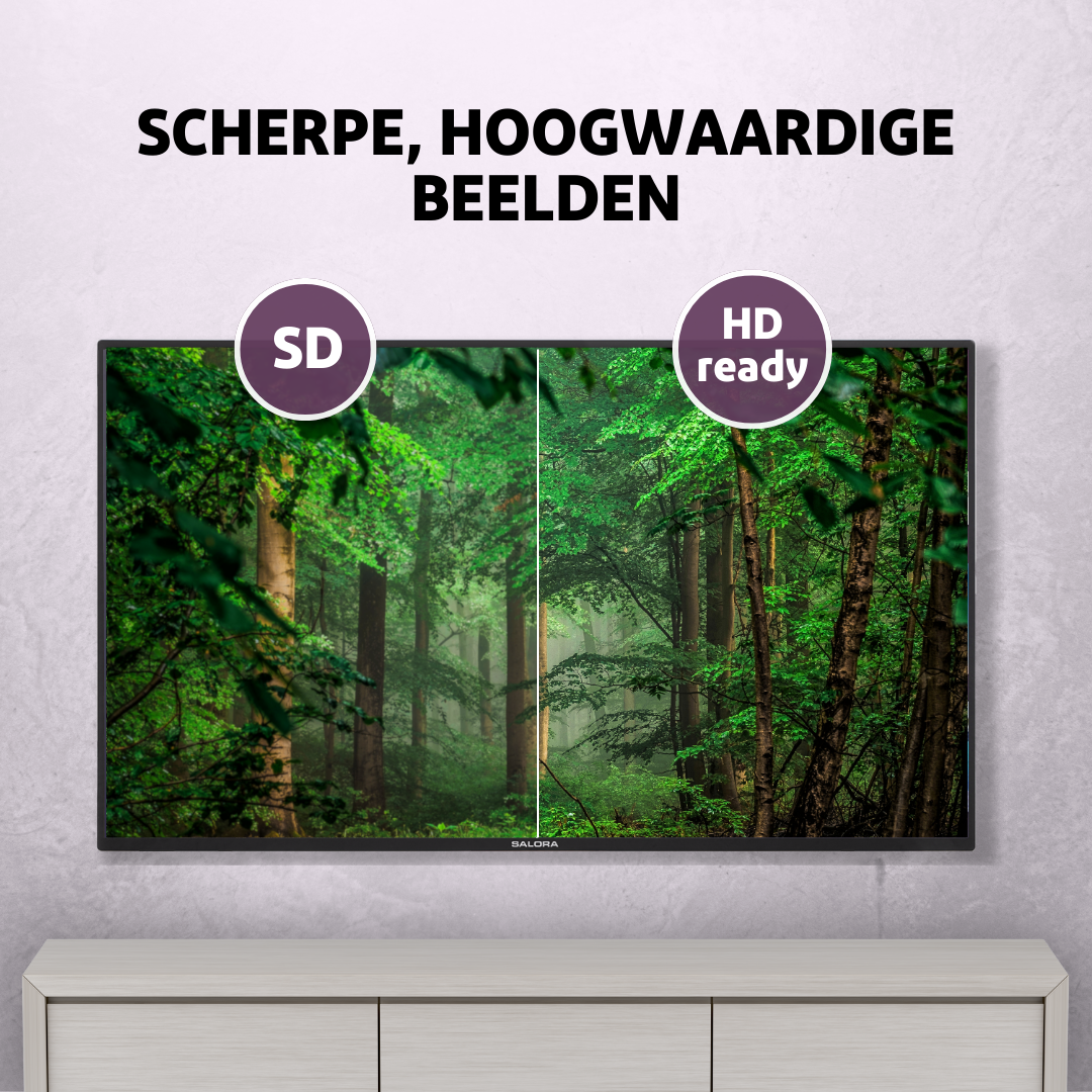 Un téléviseur affiche une scène de forêt, divisée pour montrer la qualité SD et HD, avec le texte "IMAGES NETTES, DE HAUTE QUALITÉ" en haut.