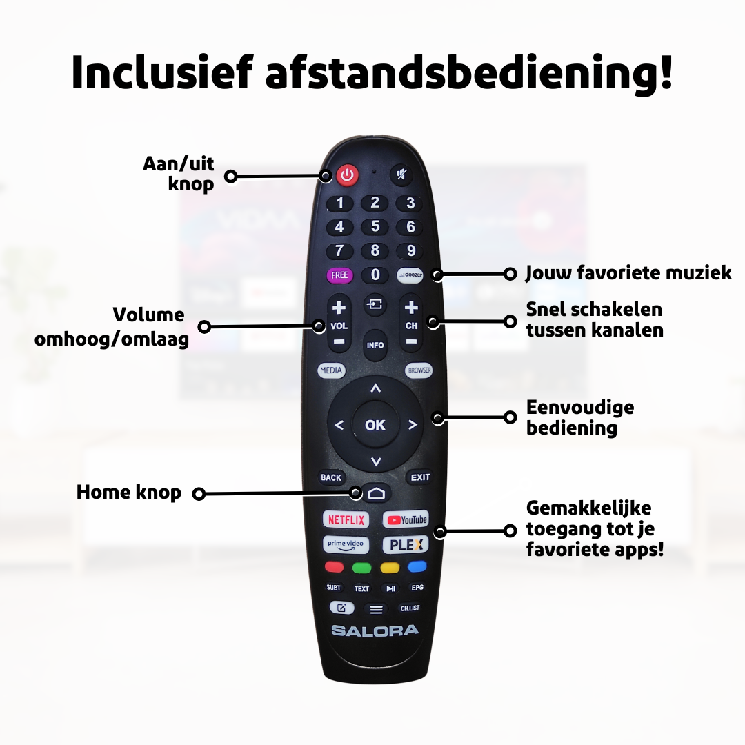 Une télécommande noire avec des boutons : marche/arrêt, volume, chaîne, Netflix, YouTube, média et OK. Texte en néerlandais.
