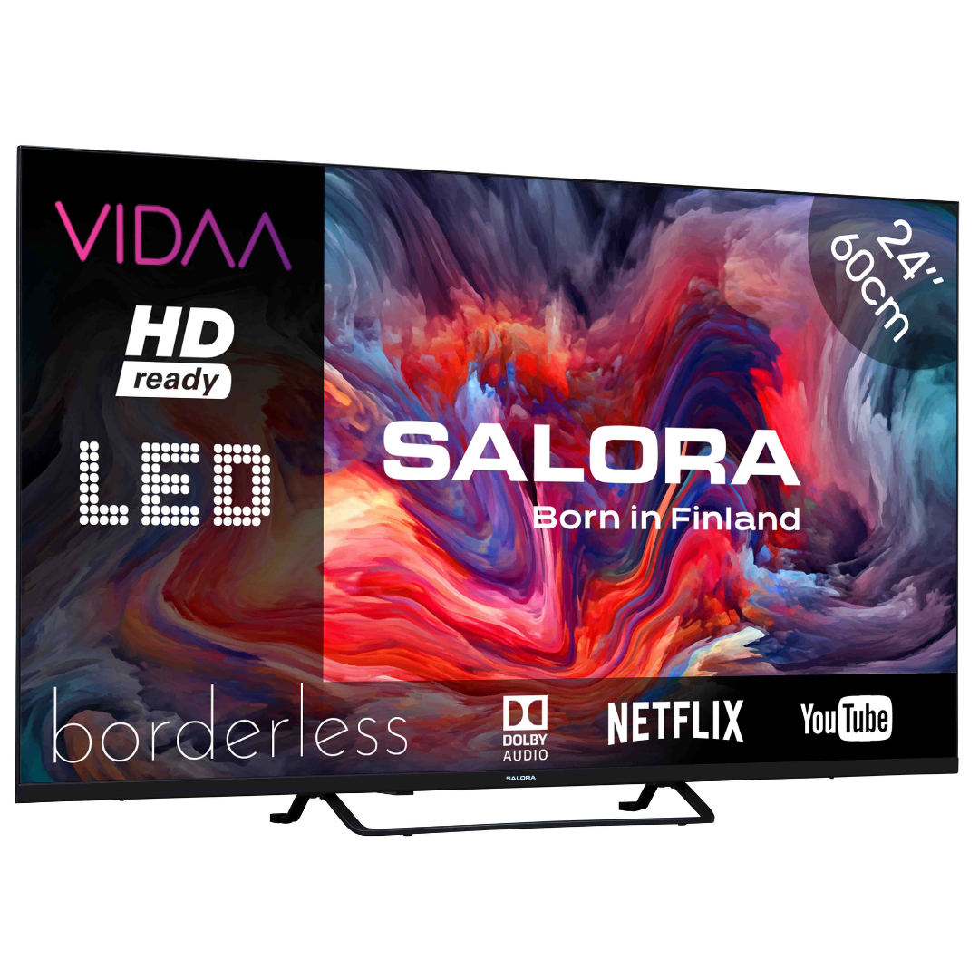 Un téléviseur LED Salora avec un arrière-plan coloré, avec les logos VIDAA, HD ready, Netflix et YouTube. Il a un design sans bordure.