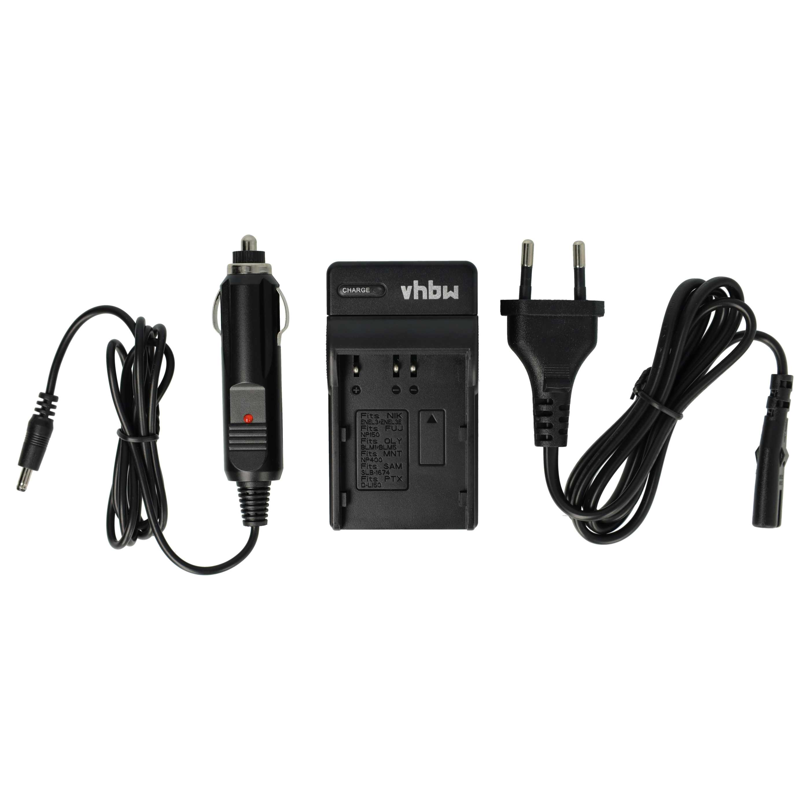 Das Bild zeigt ein schwarzes Ladegerät-Set mit Kabeln, einem Auto-Adapter und einem europäischen Stecker, alles auf weißem Hintergrund.