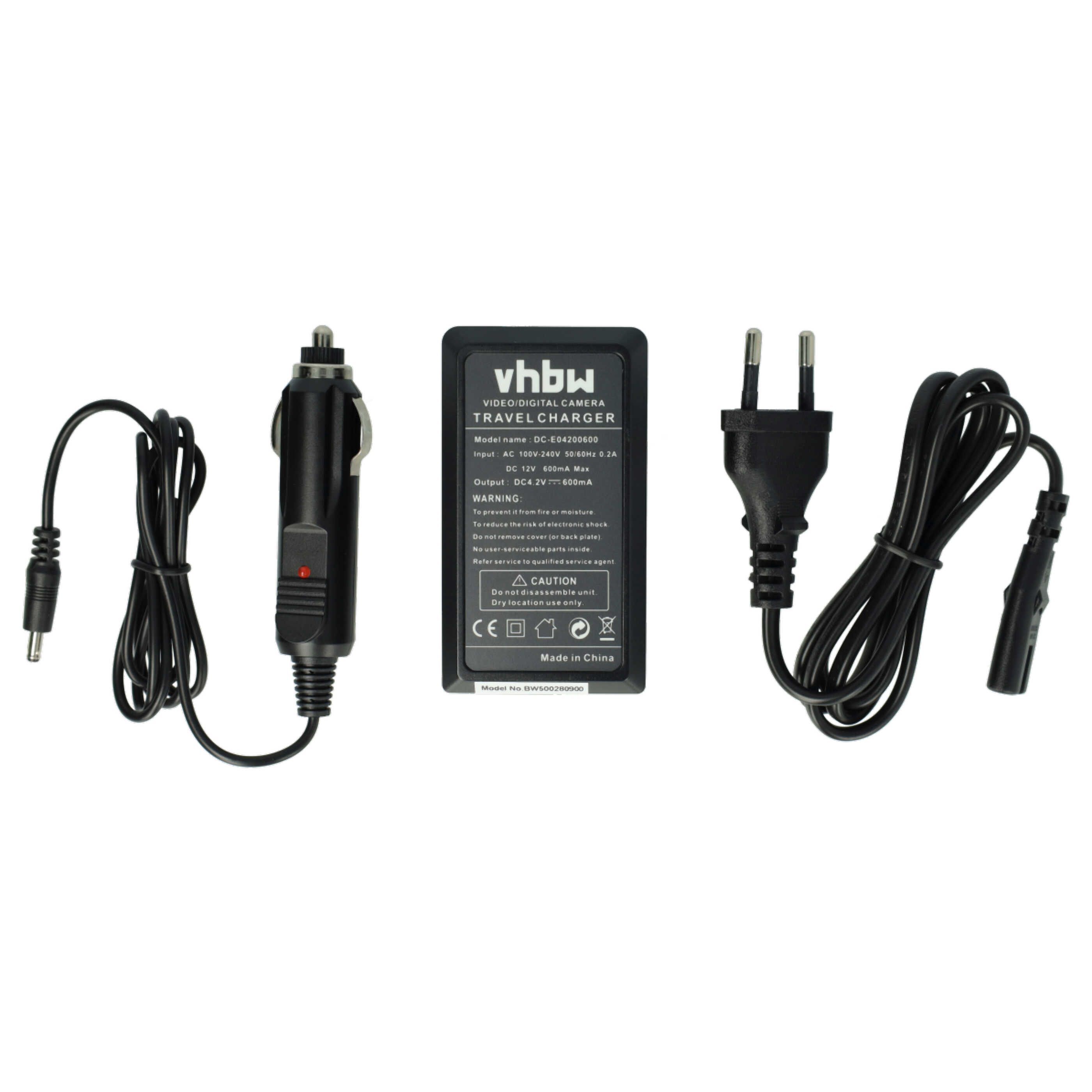 Ein schwarzes Reise Ladegerät mit Autoadapter, Ladeblock und Stecker auf weißem Hintergrund.