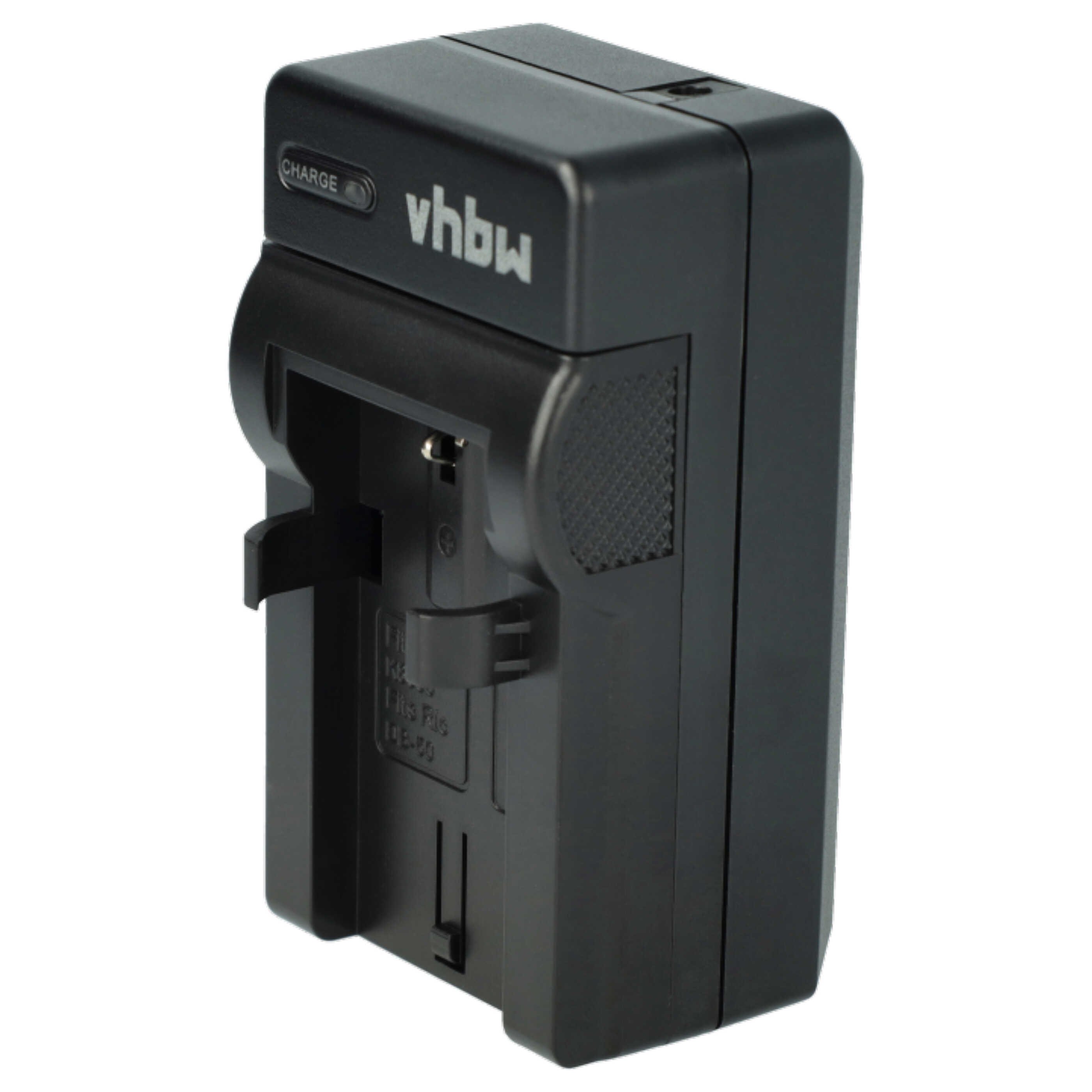 Ein schwarzes vhbw-Batterieladegerät auf weißem Hintergrund. Es hat eine Ladeanzeige und einen Steckplatz für die Batterie.