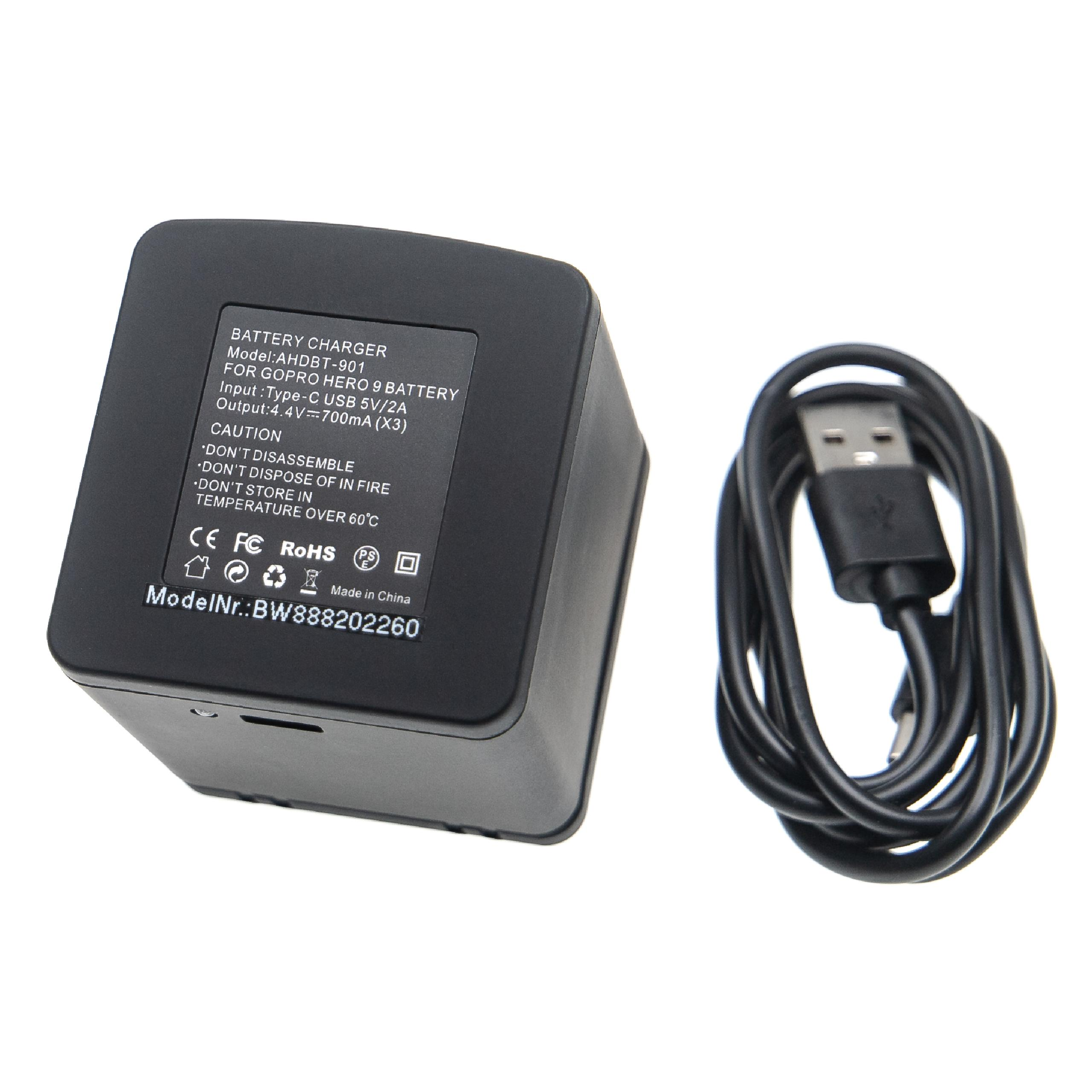 Ein schwarzes GoPro-Akkuladegerät mit USB-Kabel auf weißem Hintergrund. Text auf dem Ladegerät.