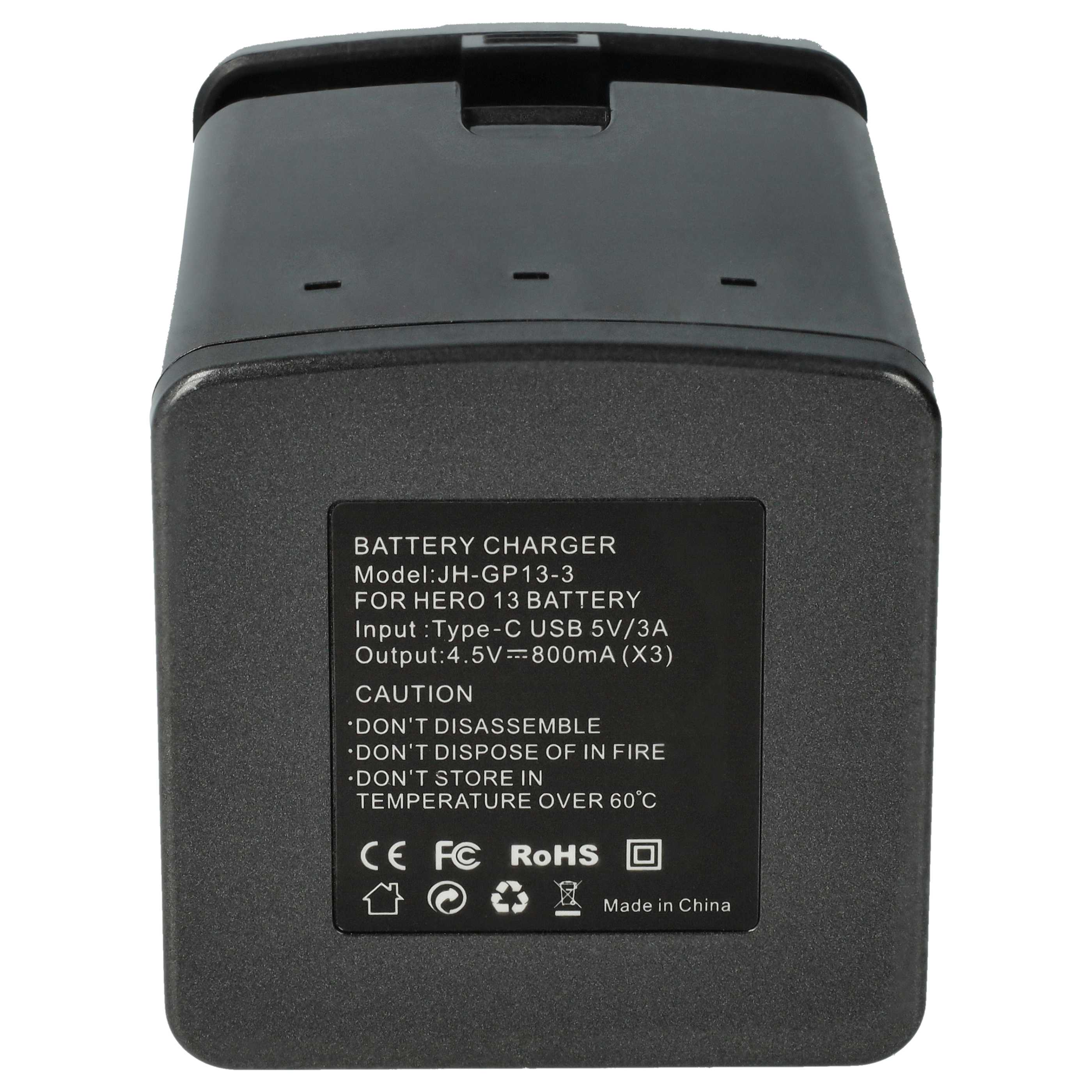 Ein schwarzes Batterieladegerät für Hero 13. Es hat ein Etikett mit Spezifikationen und Sicherheitshinweisen. Hergestellt in China.