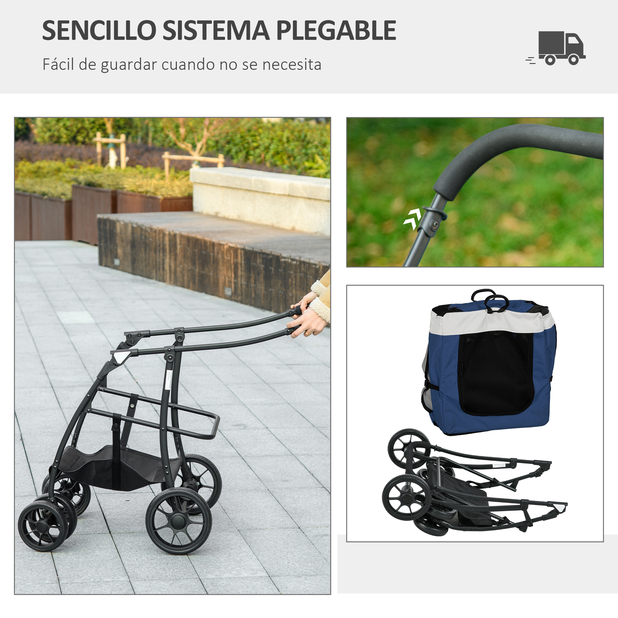 Se muestra un cochecito negro para mascotas. Los detalles incluyen un asa, ruedas y una bolsa azul. El cochecito está montado y plegado.