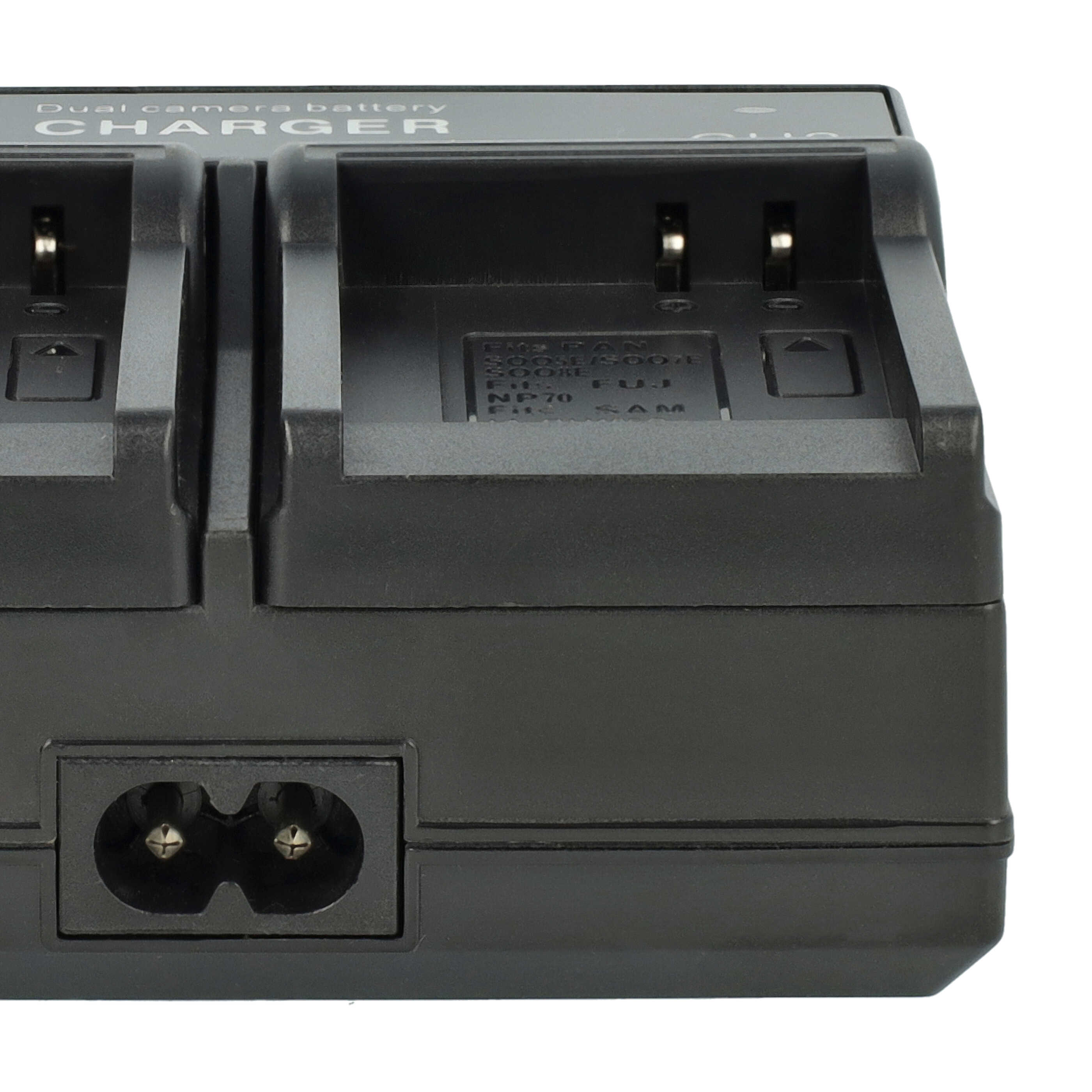 Ein schwarzes Dual-Kamera-Akkuladegerät. Es hat zwei Ladeschlitze, einen Stromeingang und Text.