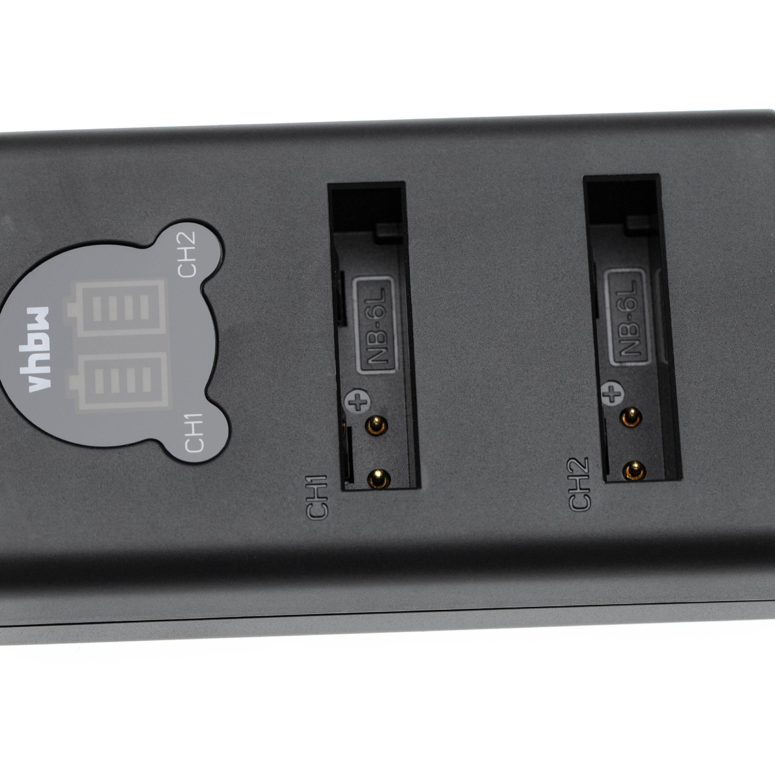 Ein schwarzes Batterieladegerät mit zwei Schlitzen mit der Bezeichnung CH1 und CH2 sowie einem Digitaldisplay. Der Hintergrund ist weiß.