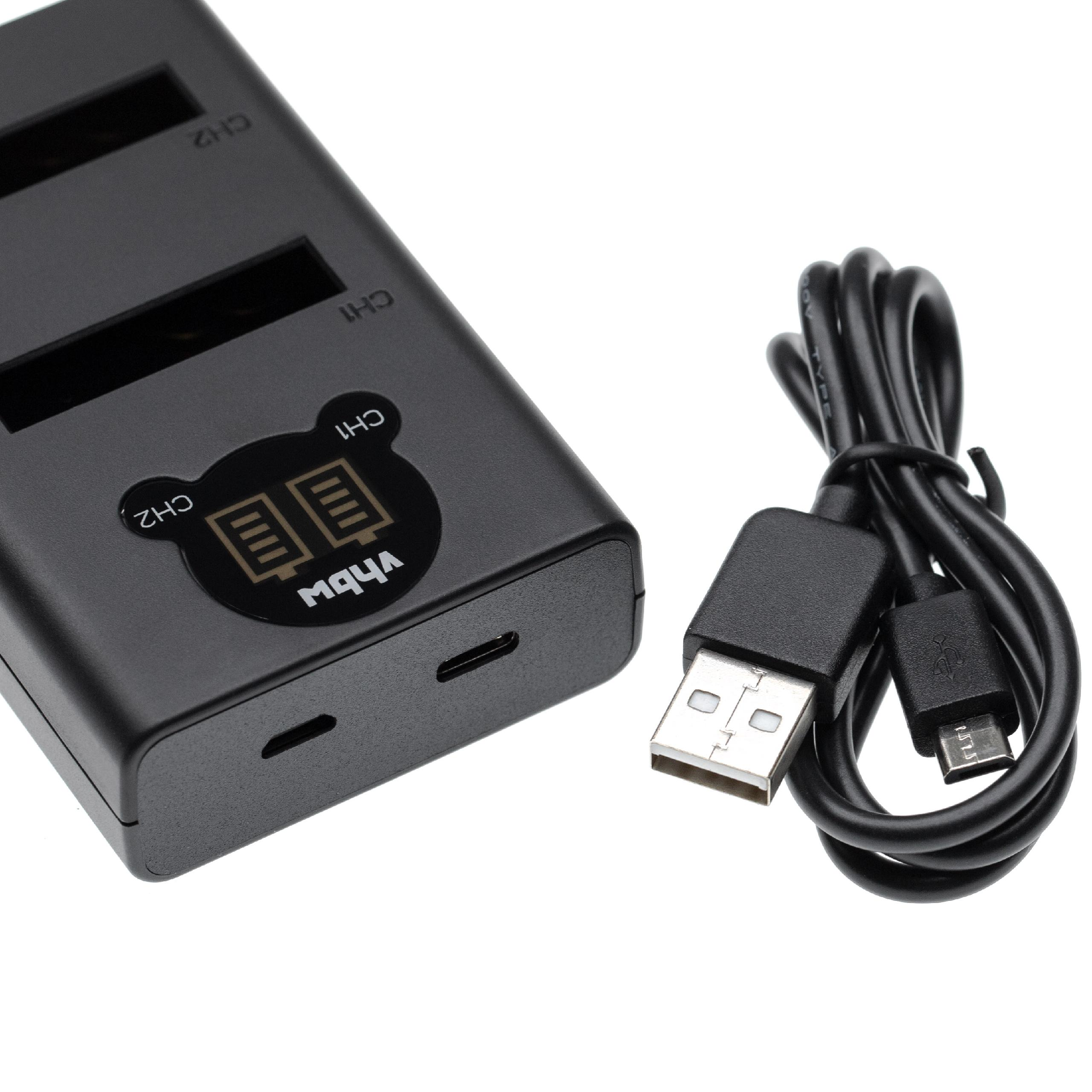 Ein schwarzes Batterieladegerät und ein schwarzes USB-Kabel liegen auf weißem Hintergrund. Das Ladegerät hat zwei Schlitze.
