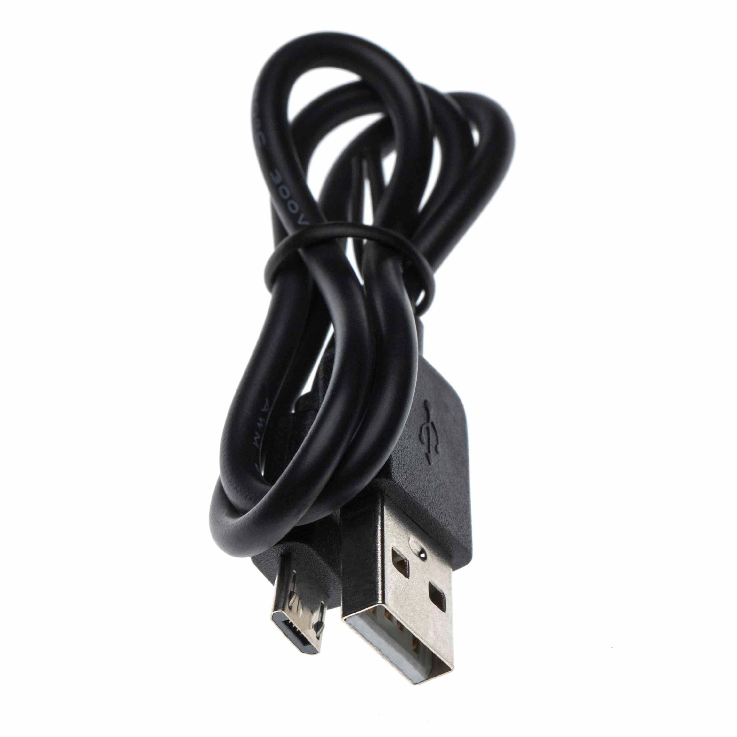 Schwarzes USB-Kabel mit USB- und Micro-USB-Anschluss. Das Kabel ist aufgerollt. Weißer Hintergrund.