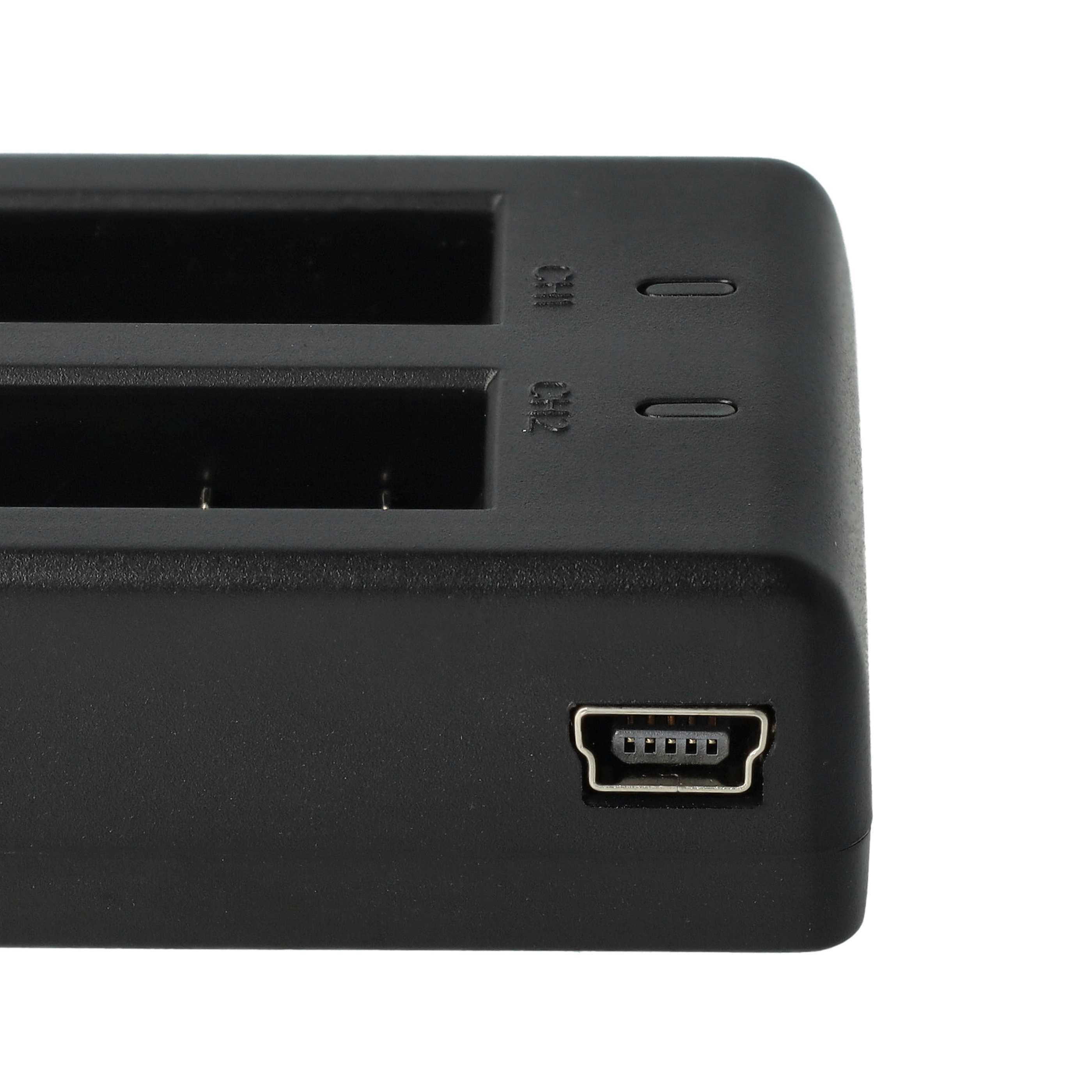 Ein schwarzes Batterieladegerät mit zwei Schlitzen, CH1- und CH2-Beschriftungen und einem USB-Anschluss. Weißer Hintergrund.