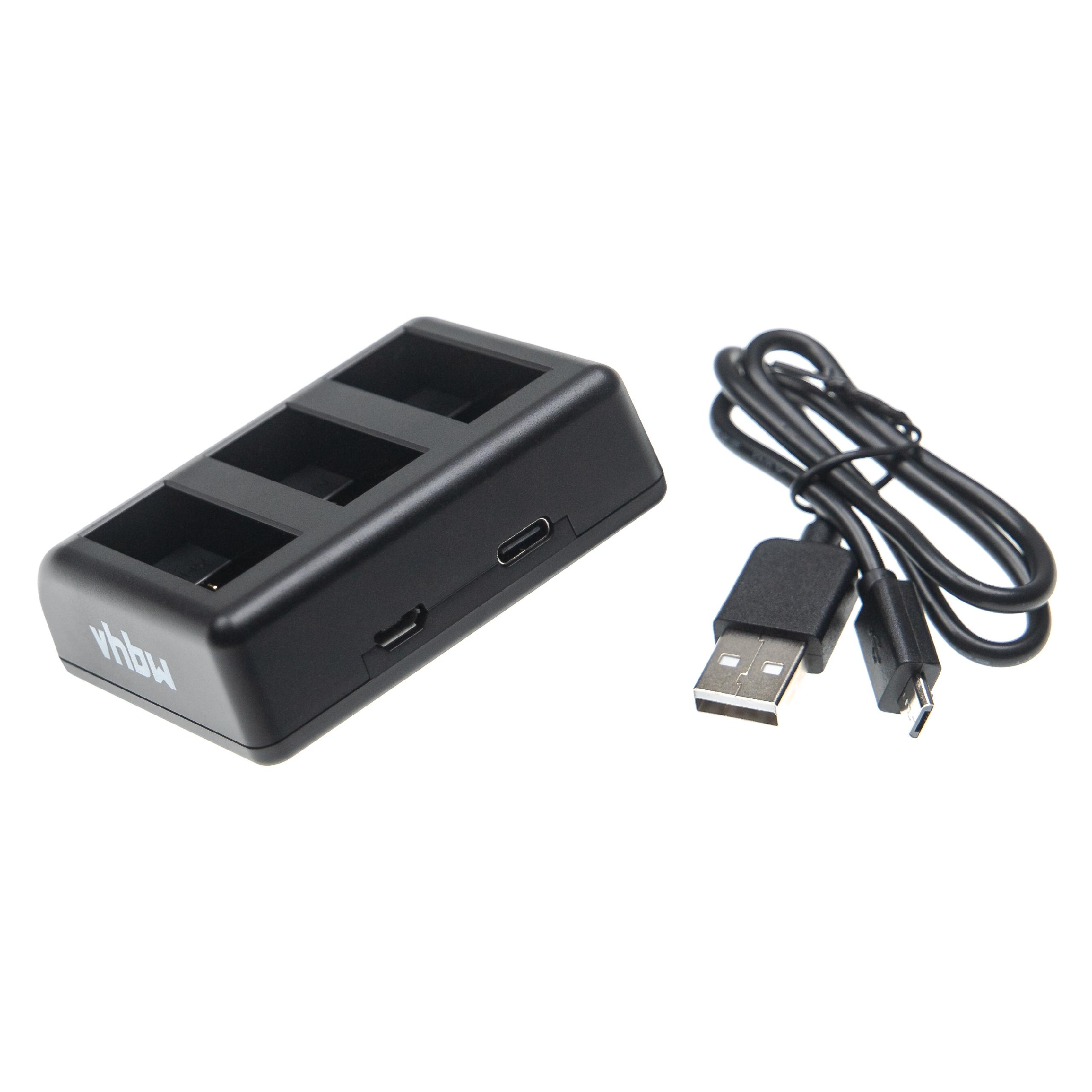 Schwarzes Batterieladegerät mit drei Steckplätzen und einem USB-Kabel. Das Ladegerät hat ein Markenlogo und befindet sich auf weißem Hintergrund.