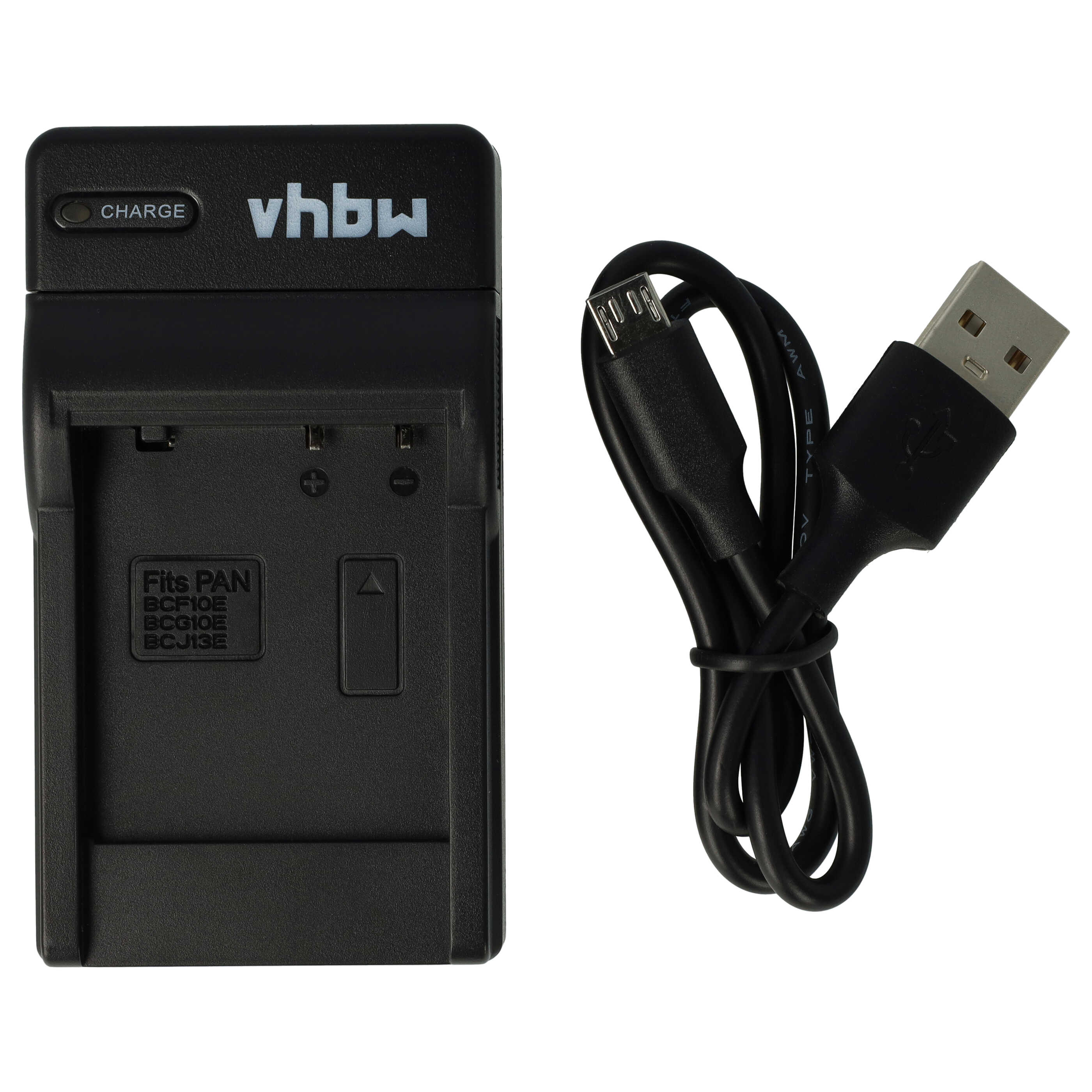 Schwarzes Ladegerät mit USB-Kabel. Das Ladegerät hat eine Ladeanzeige, ein Markenlogo und einen Akkusteckplatz.