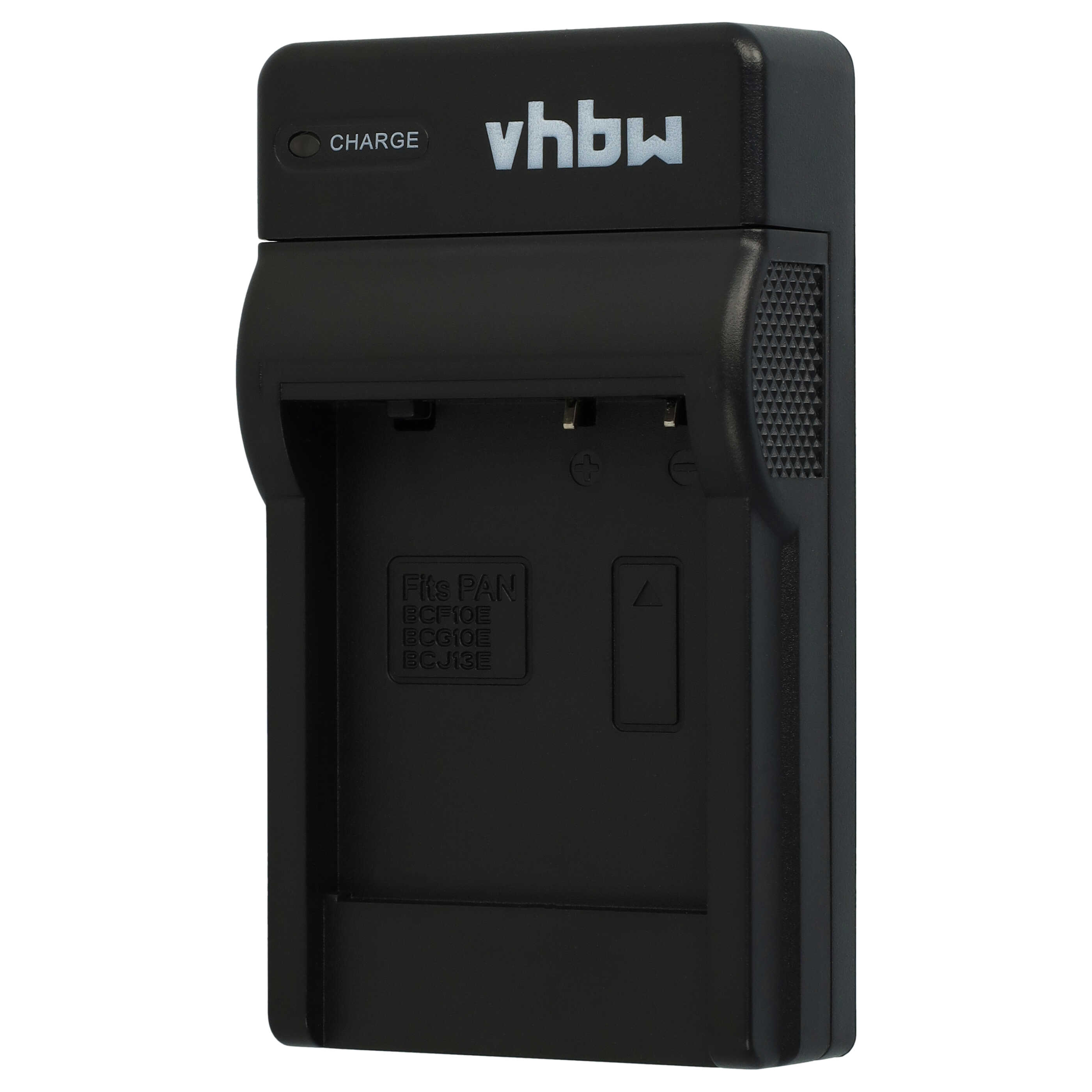 Schwarzes vhbw-Batterieladegerät. Es hat eine Ladeanzeige, den Markennamen und Steckplätze für bestimmte Batteriemodelle.