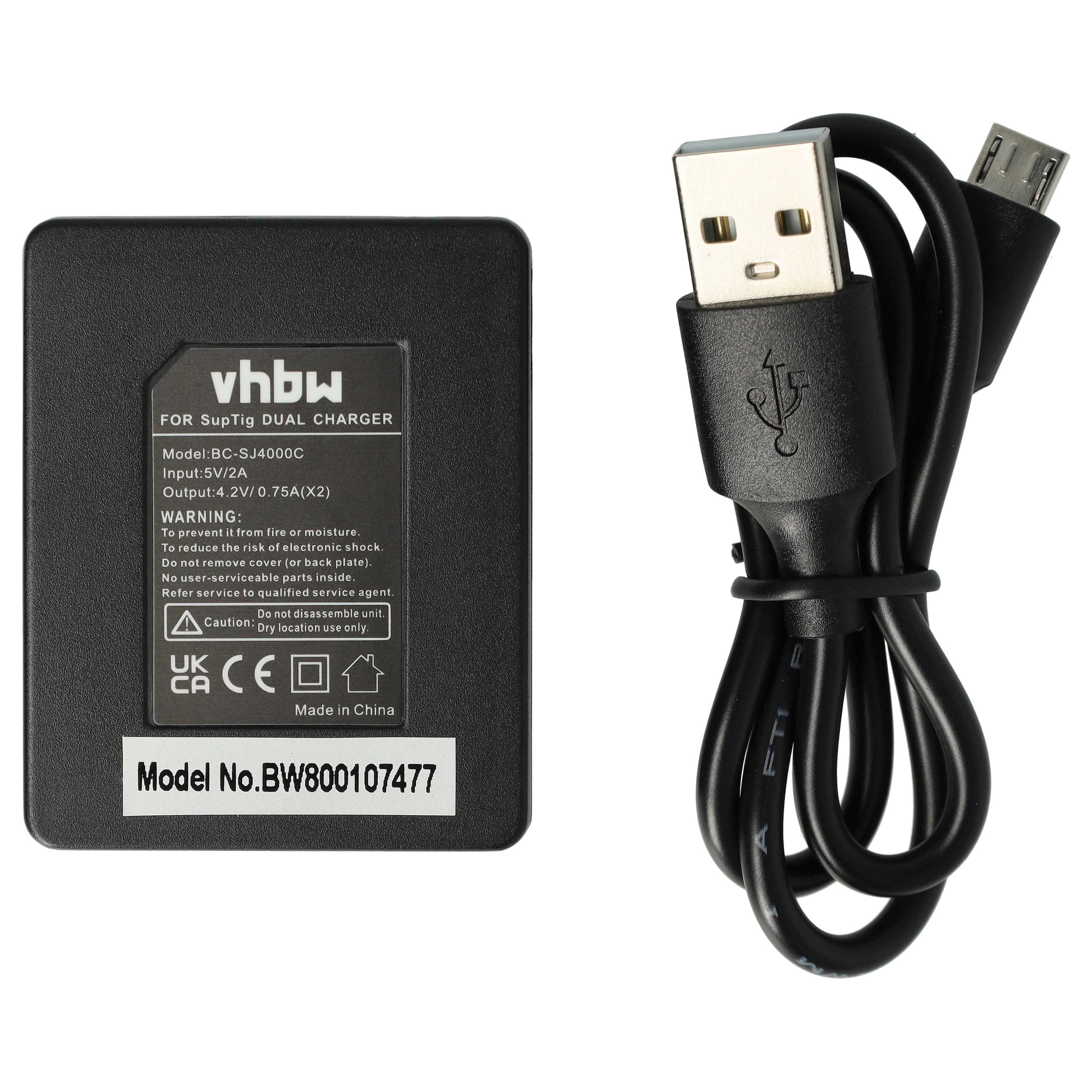 Schwarzes Dual-Ladegerät mit USB-Kabel. Das Ladegerät hat ein Etikett mit Text. Weißer Hintergrund.