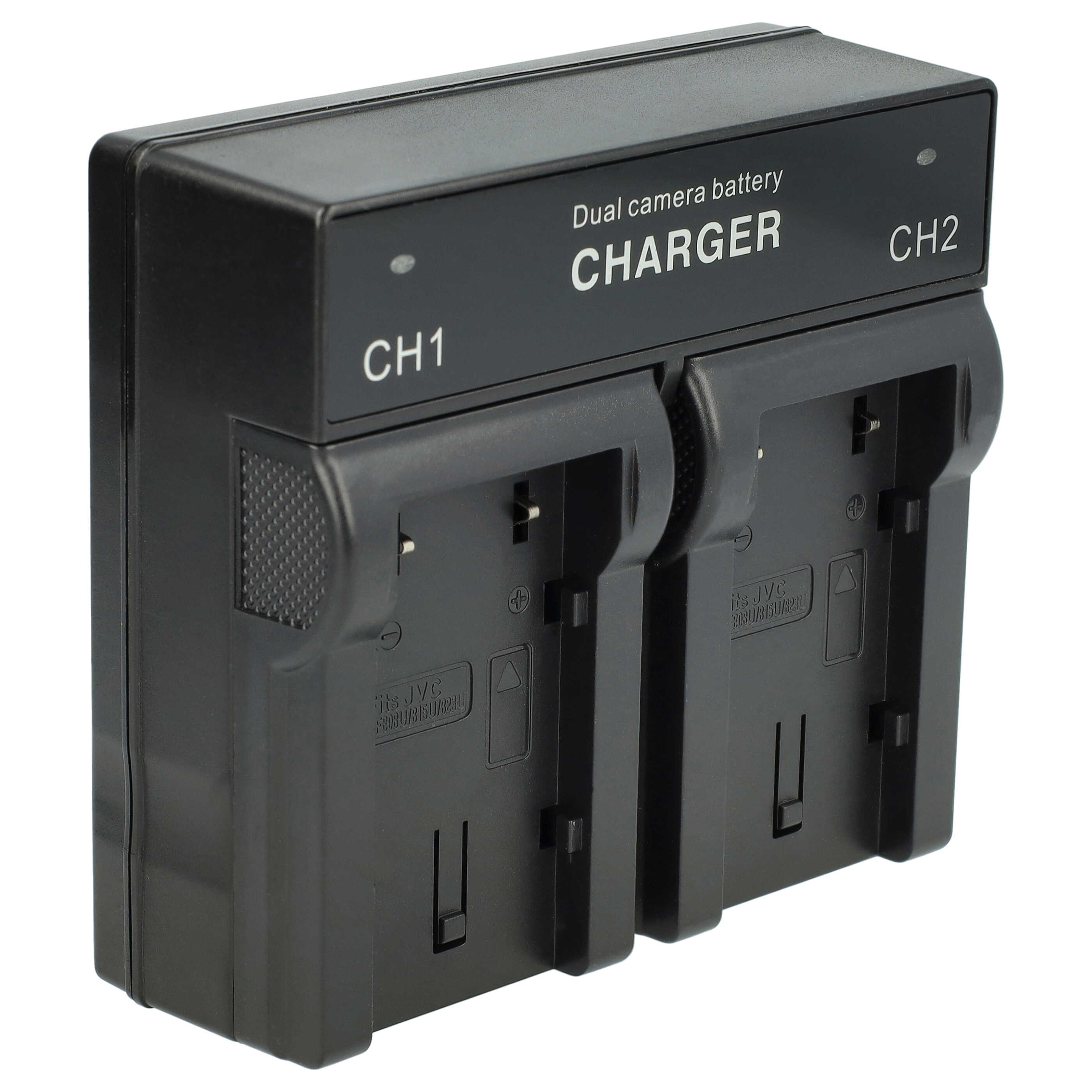Ein schwarzes Dual-Kamera-Batterieladegerät mit zwei Steckplätzen, beschriftet CH1 und CH2, Text 'CHARGER'.