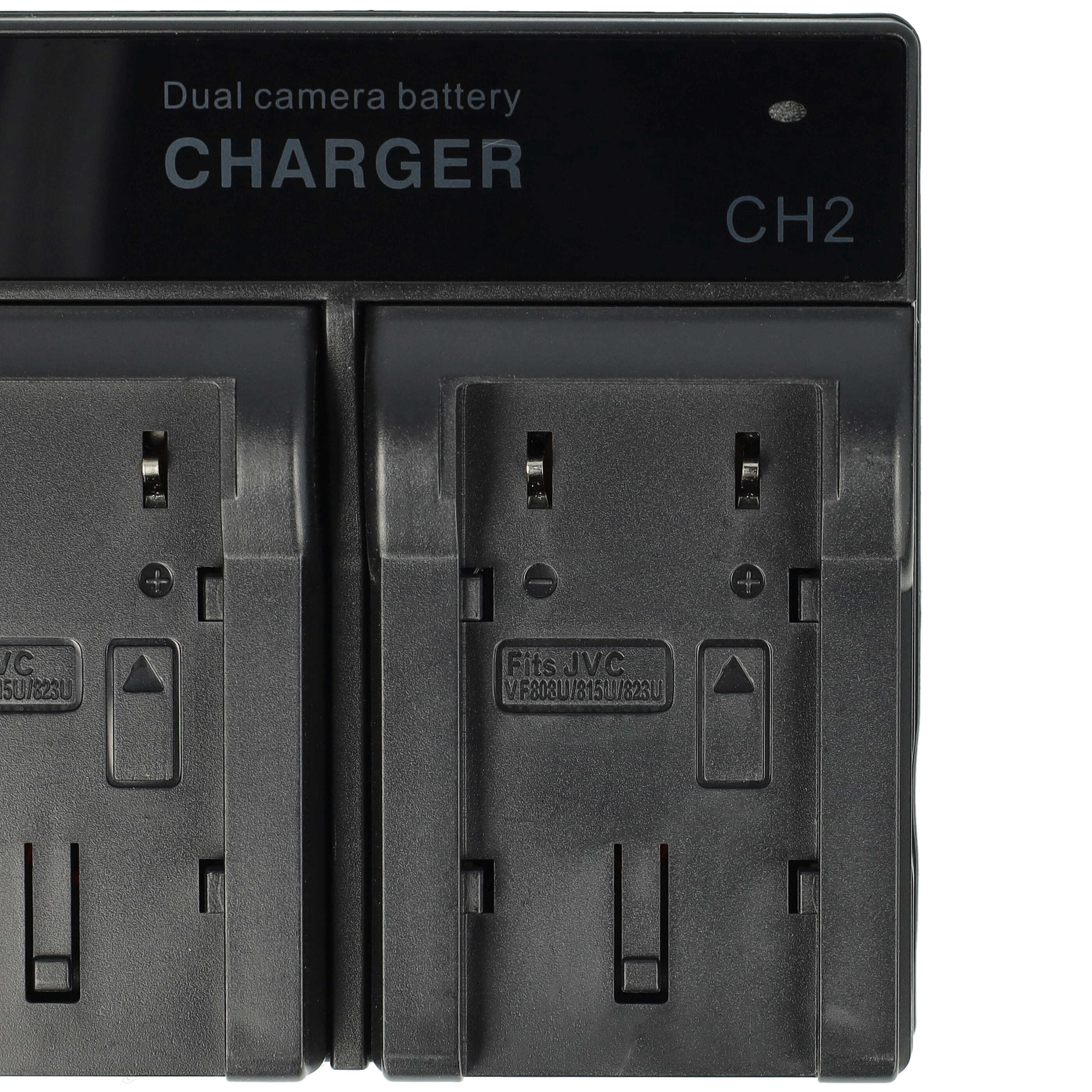 Schwarzes Dual-Kamera-Batterieladegerät mit zwei Ladeschlitzen. Text auf dem Ladegerät lautet 'Dual-Kamera-Batterie-LADER'.