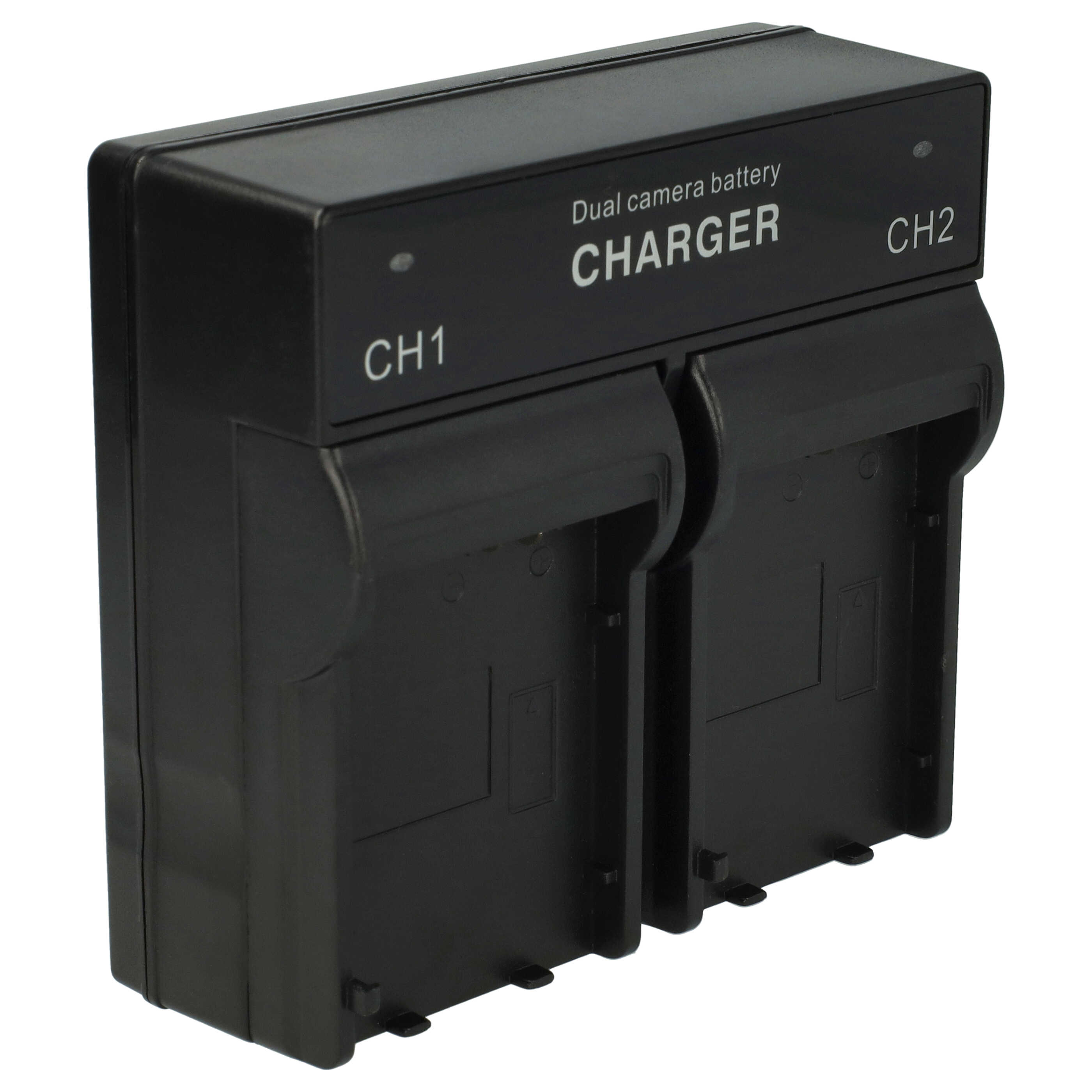Ein schwarzes Dual-Kamera-Akkuladegerät. Es hat zwei Schlitze mit der Bezeichnung CH1 und CH2, mit dem Wort CHARGER in Weiß.