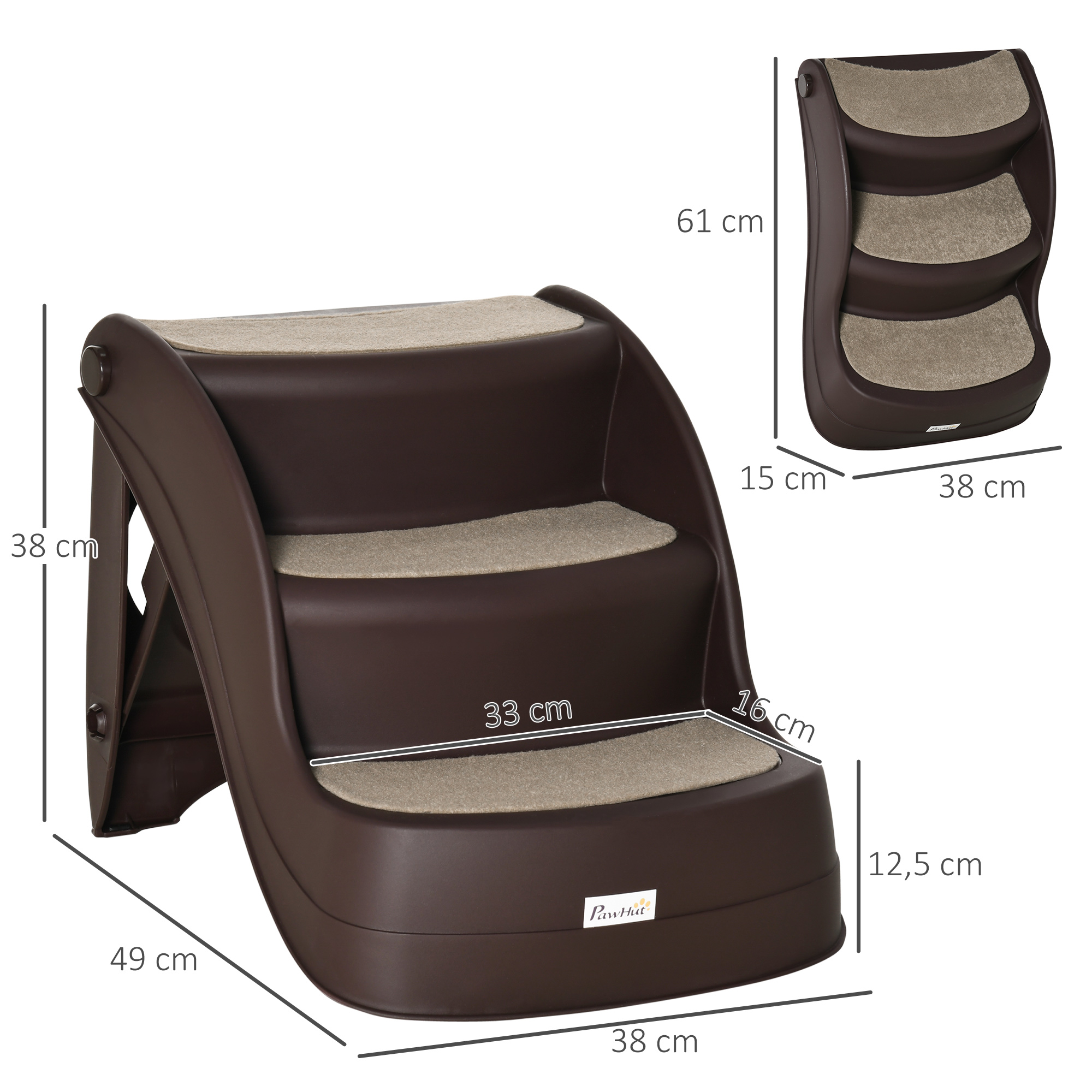 Escaleras marrones para mascotas con tres escalones, cada uno con una alfombra beige. Se muestran las dimensiones.