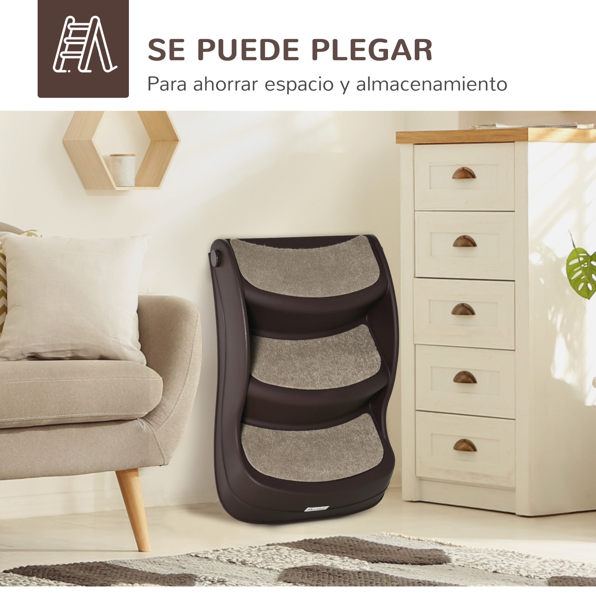 Escaleras marrones para mascotas contra una pared. También se ven un sofá beige, un armario blanco y una alfombra.