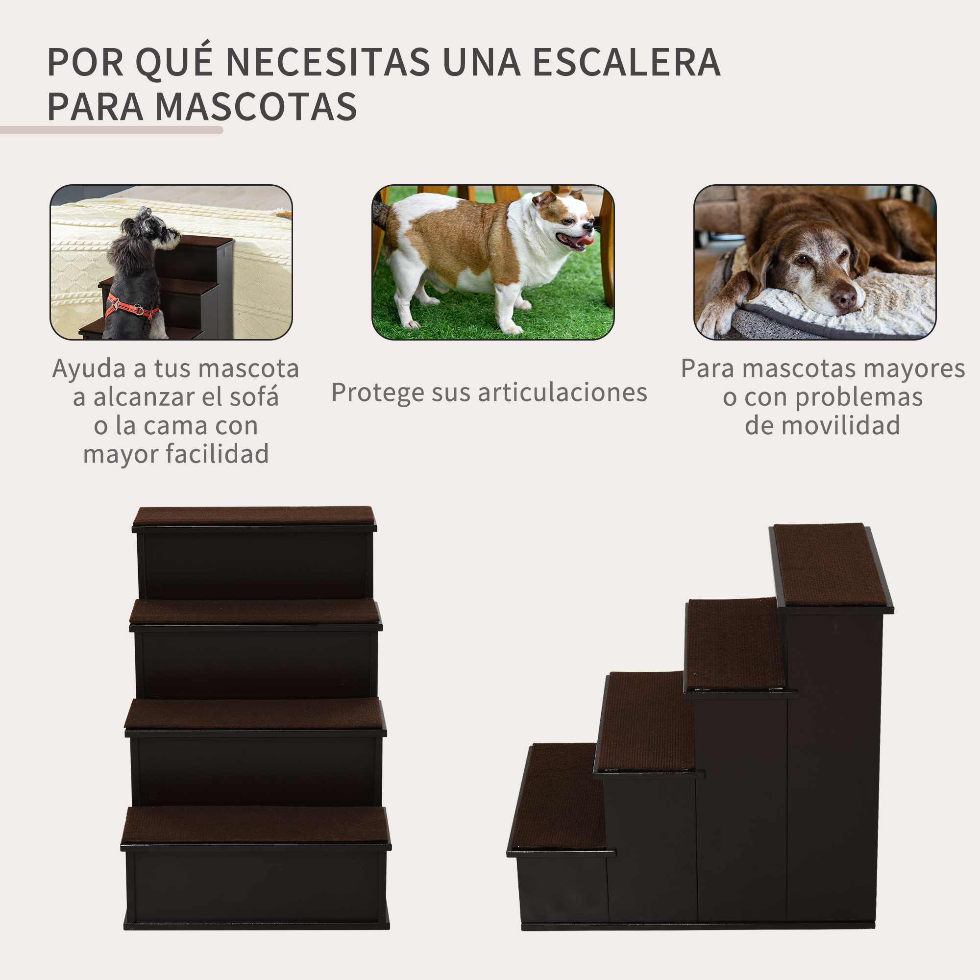 La imagen muestra una escalera para mascotas. El texto explica los beneficios, como ayudar a las mascotas a alcanzar muebles.