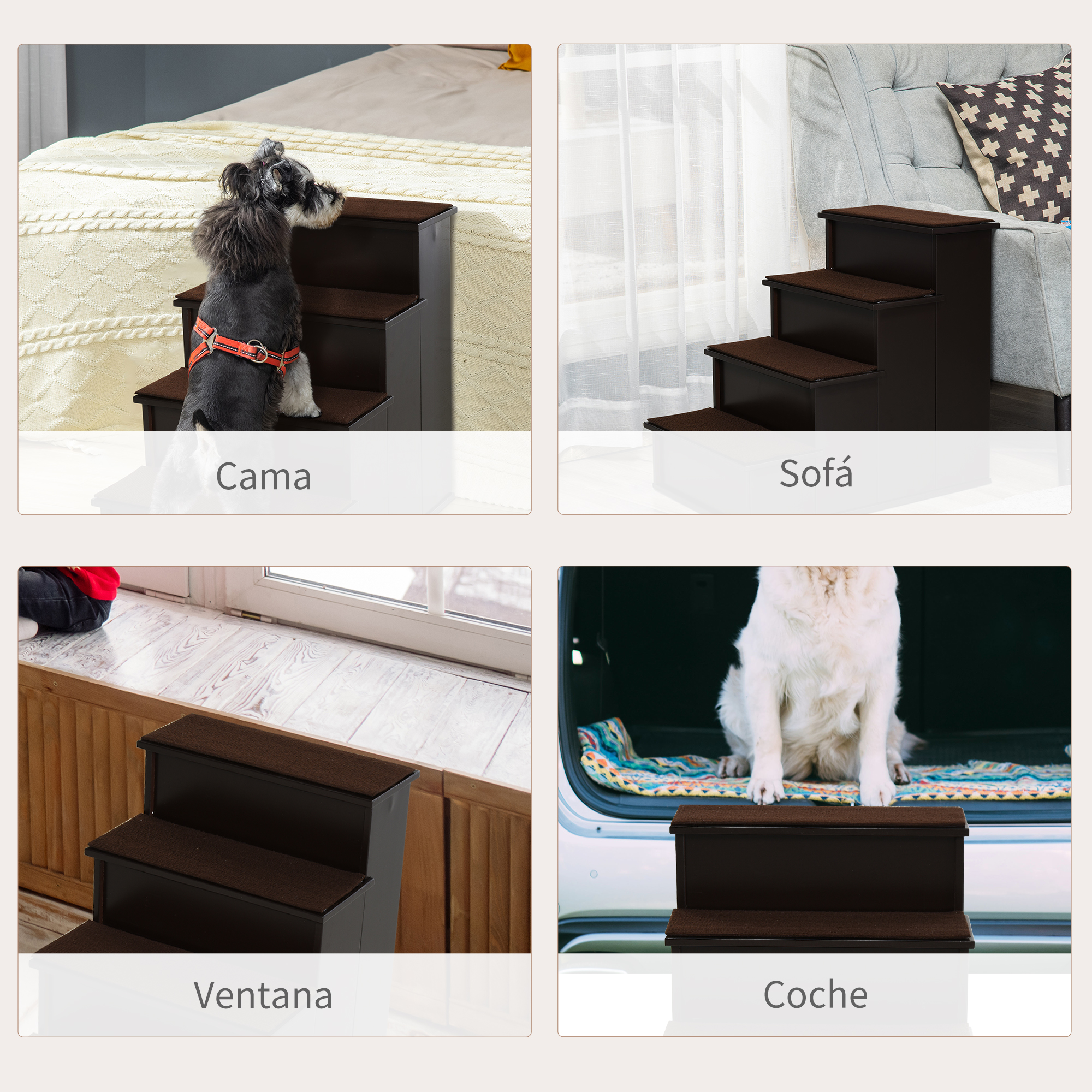 Un perro usa un escalón para mascotas marrón para subirse a una cama. La cama es blanca, con una manta estampada. El perro lleva un arnés rojo.