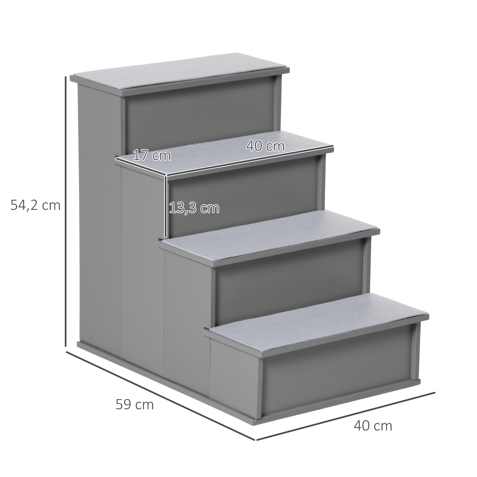 Un escalón gris para mascotas con cuatro escalones. Cada escalón tiene una parte superior gris acolchada. Las dimensiones están etiquetadas.