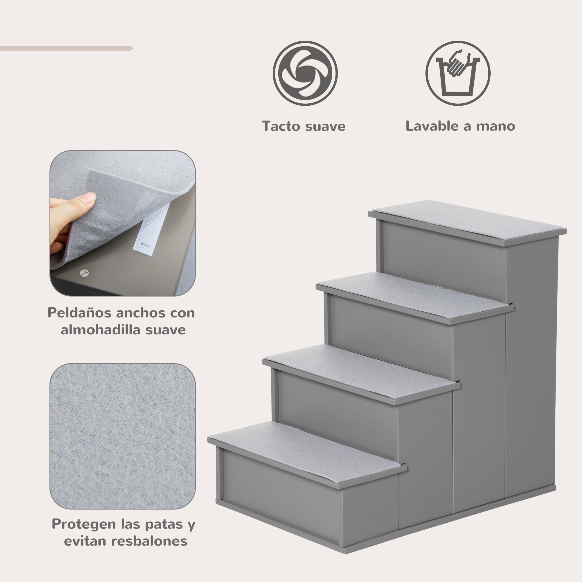 Un escalón gris para mascotas con tres escalones. Se destacan las almohadillas suaves y la fácil limpieza. Tacto suave y características antideslizantes.
