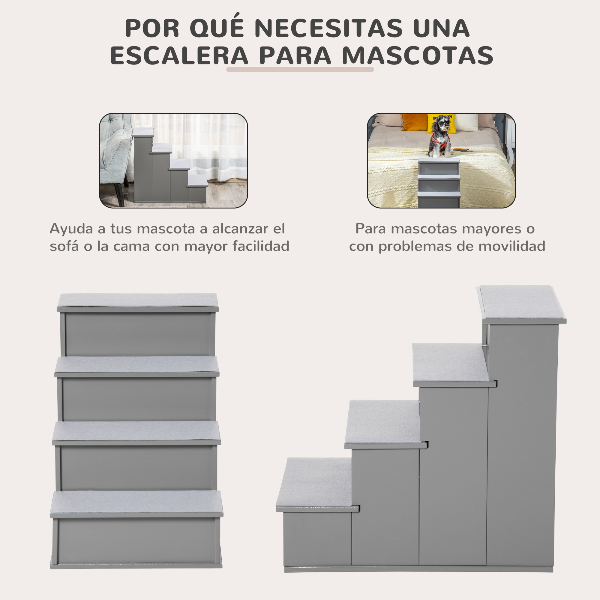 Imagen de escaleras para mascotas. Peldaños grises sobre fondo claro. Texto en español anima a dueños a usarlas.