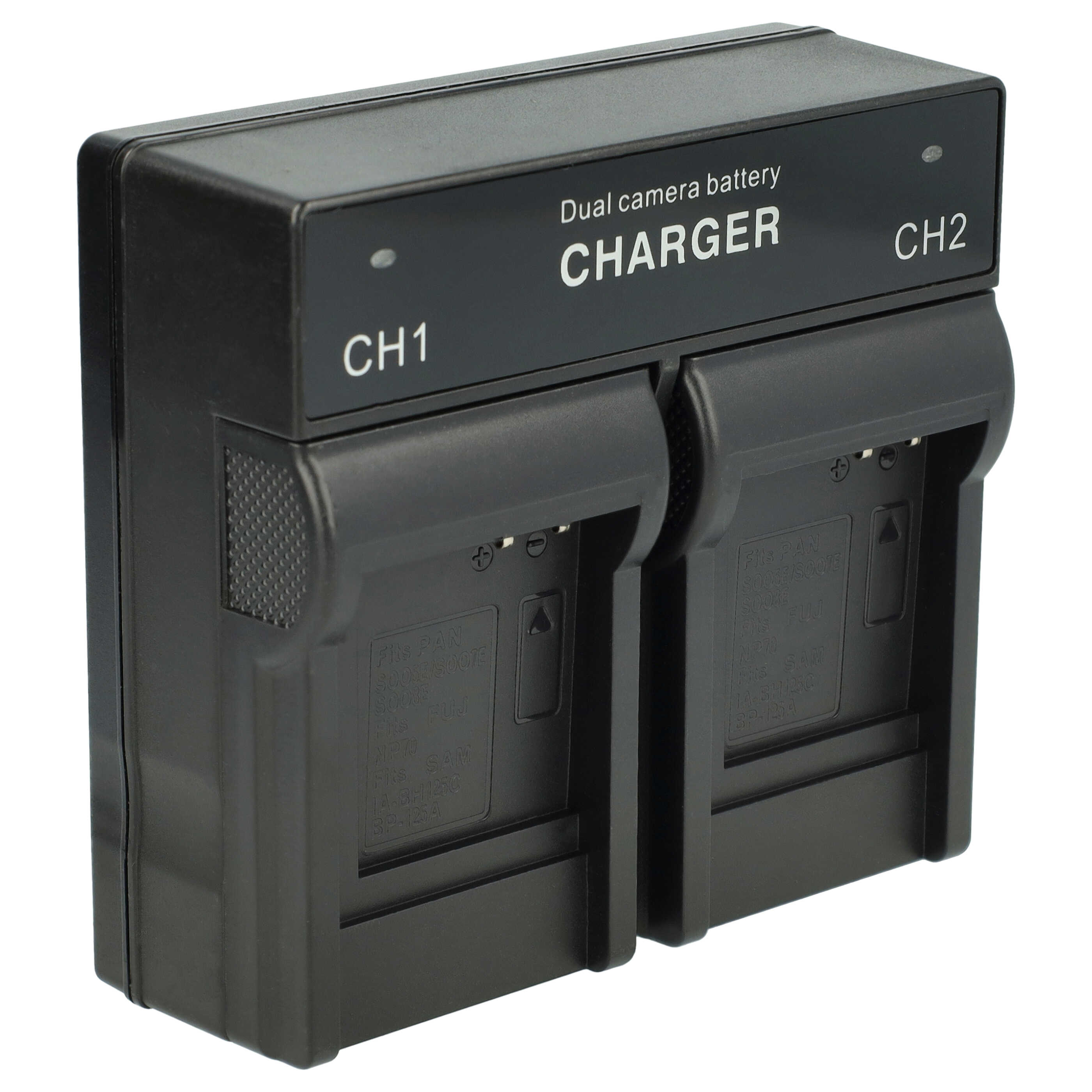 Schwarzes Dual-Kamera-Batterieladegerät mit zwei Steckplätzen, CH1 und CH2. Der Hintergrund ist weiß.