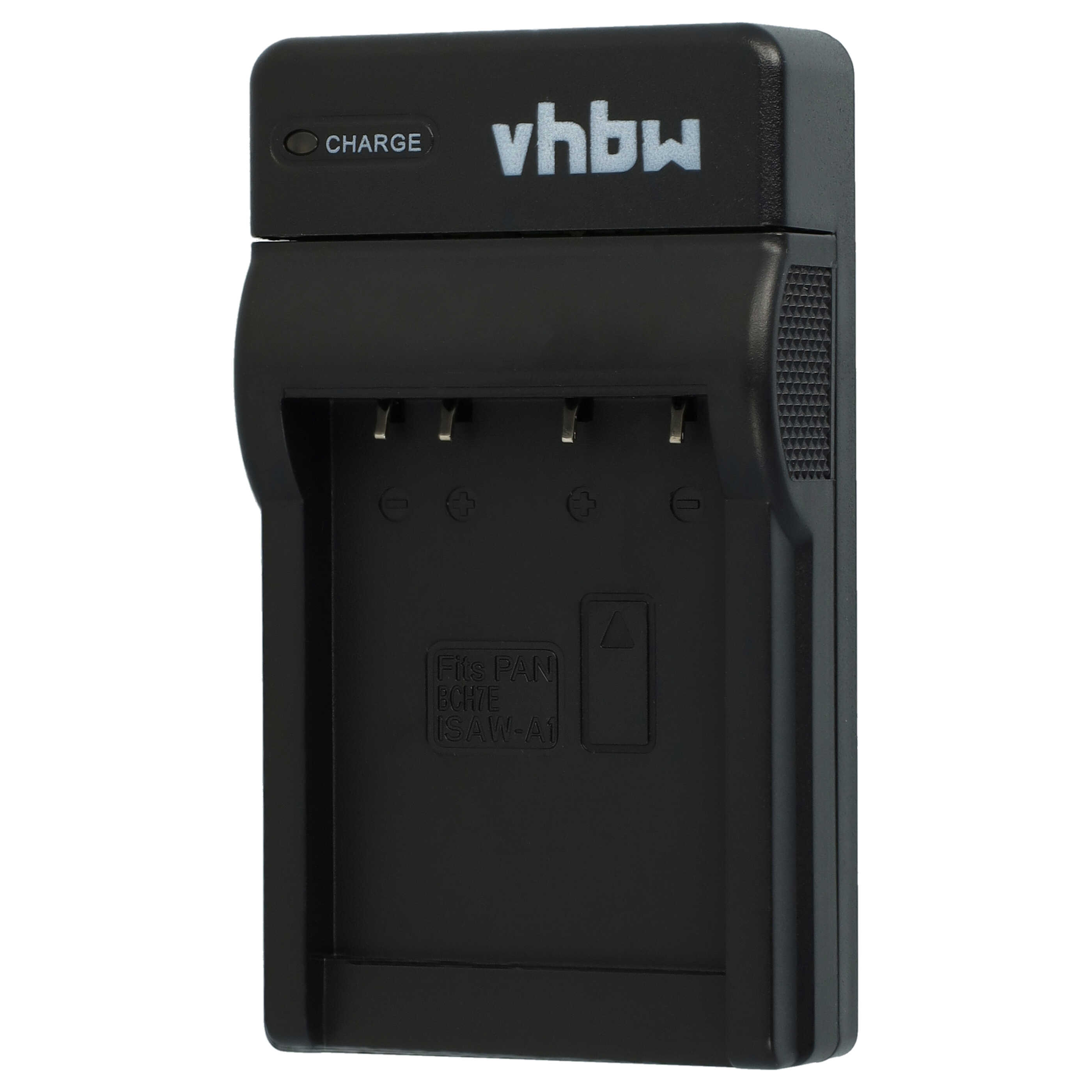Schwarzes Vhbw-Kamera-Batterieladegerät. Es hat Ladeanzeigen und Steckplätze für Batterien. Der Markenname ist sichtbar.