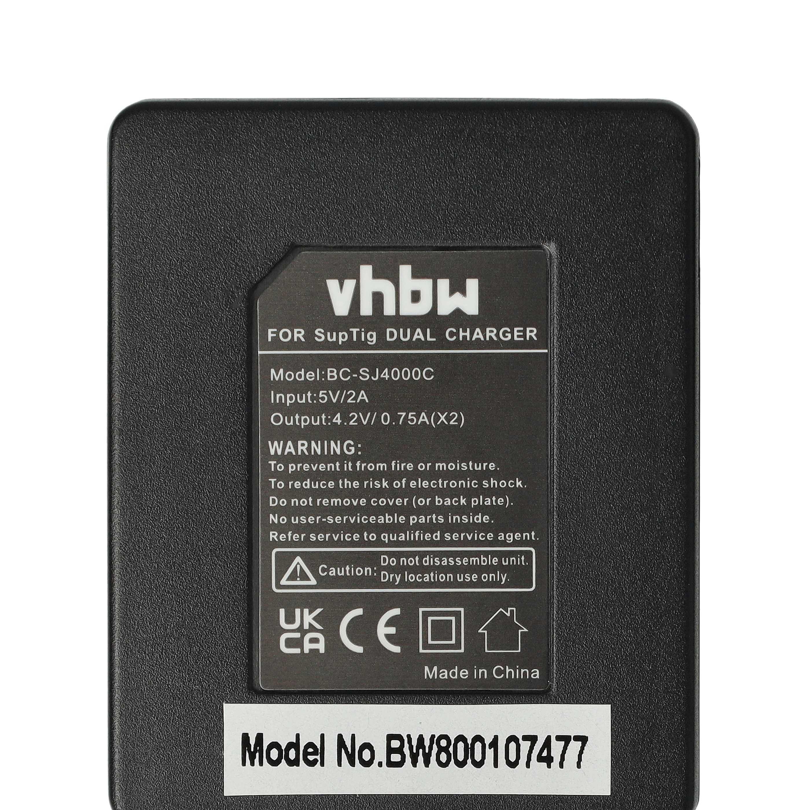 Schwarzes Ladegerät mit weißem Text, einschließlich Warnhinweisen und Modelldetails. Das Ladegerät ist für einen SupTig Dual-Charger.