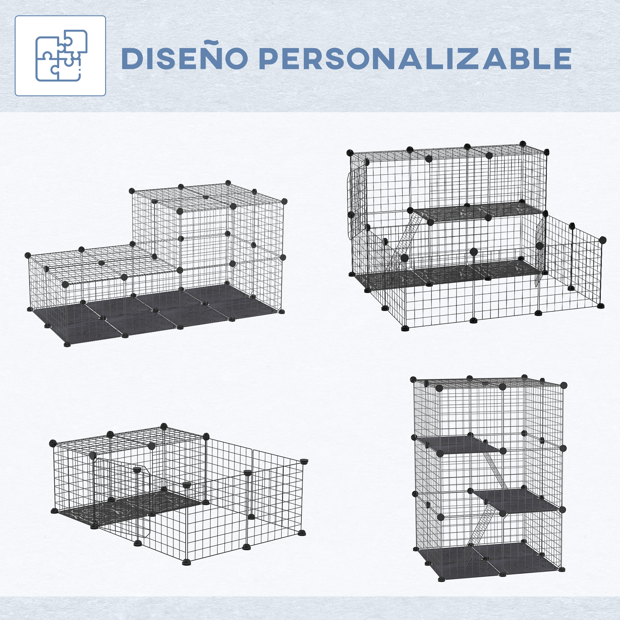 La imagen muestra cuatro jaulas para mascotas de alambre ensambladas con bases y conectores negros. El texto en la parte superior dice 'Diseño Personalizable'.