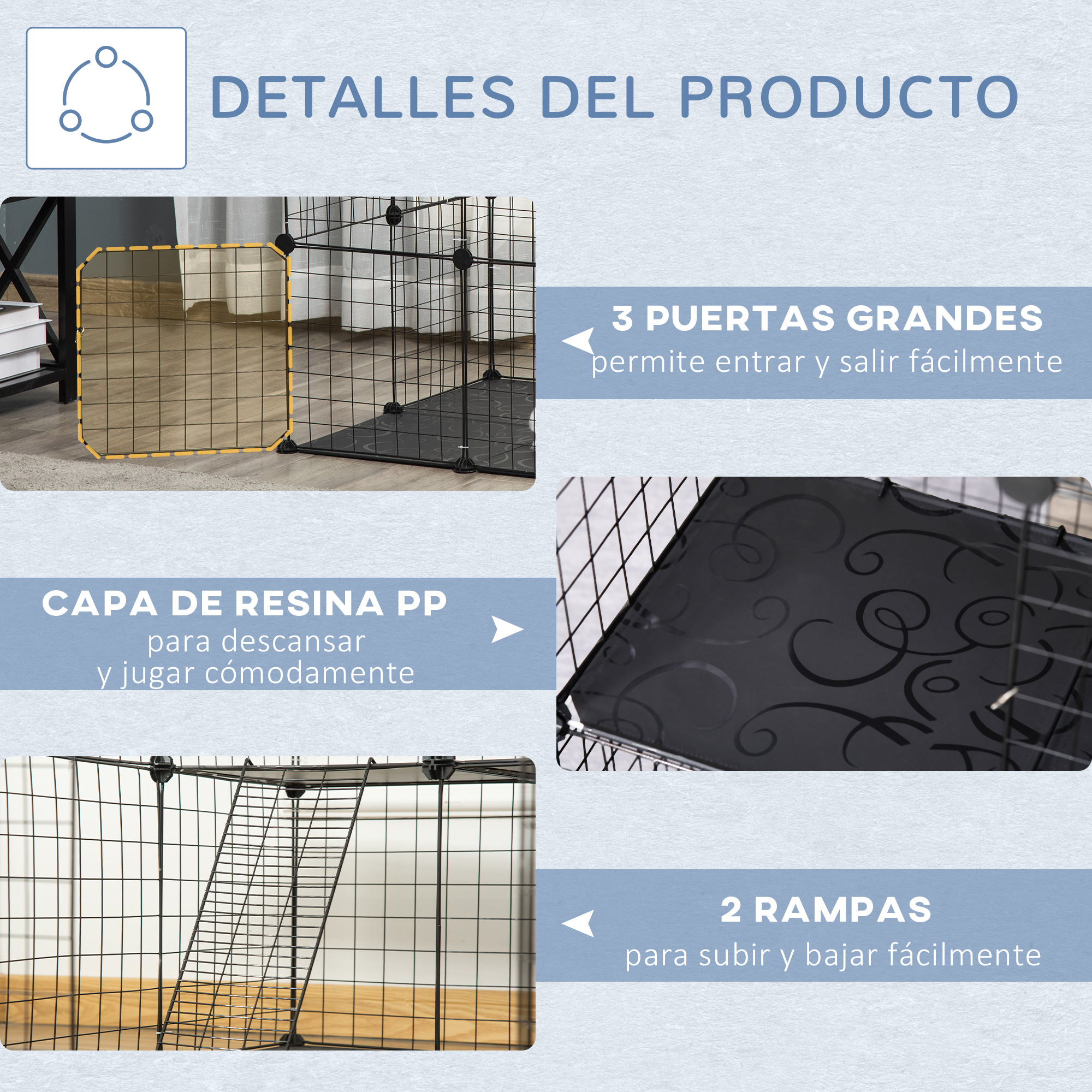 Detalles del producto: jaula con tres puertas, dos rampas y capa de resina PP. También tiene marco de alambre.