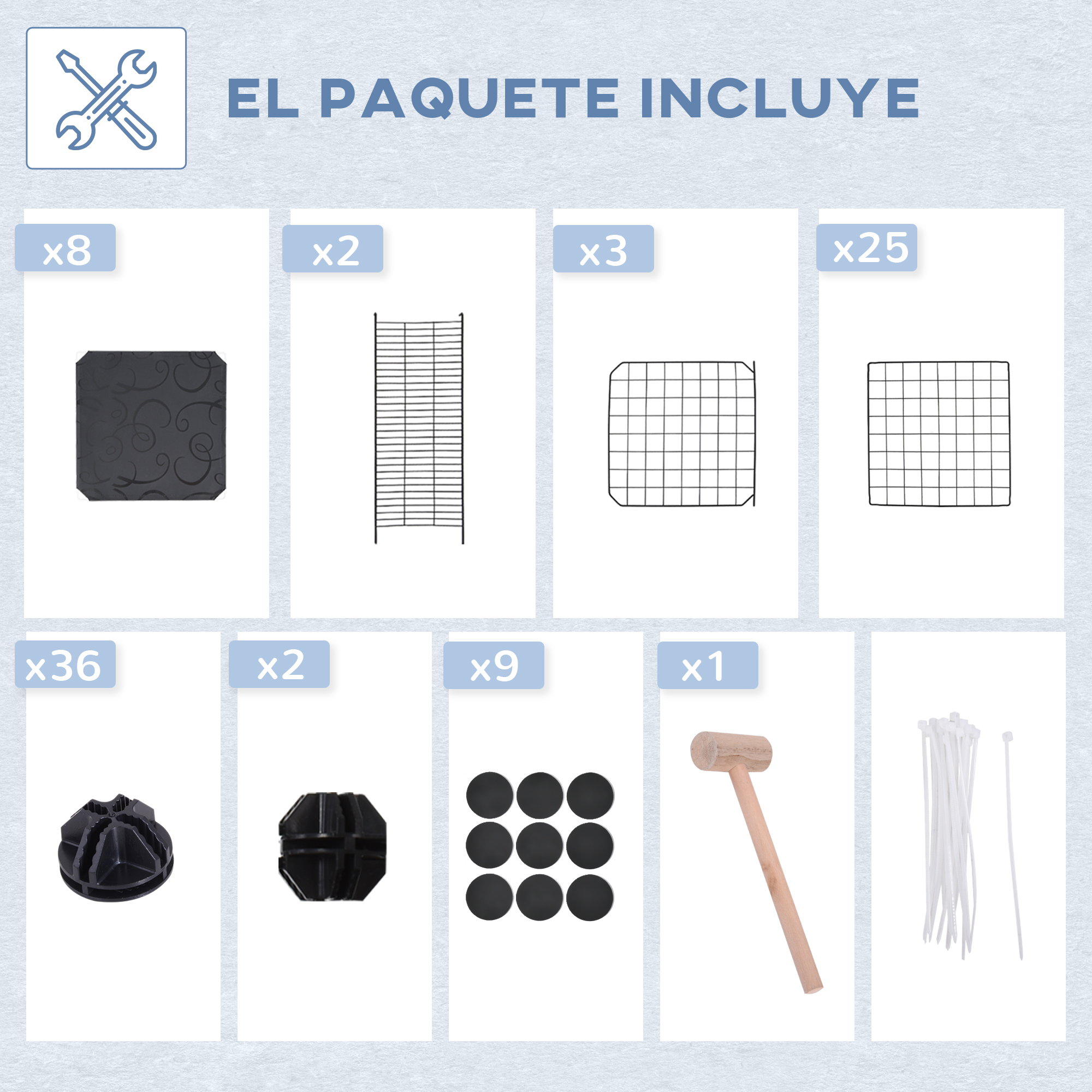 La imagen muestra componentes del kit: paneles, rejillas, conectores, mazo y bridas. Los números indican cantidades.