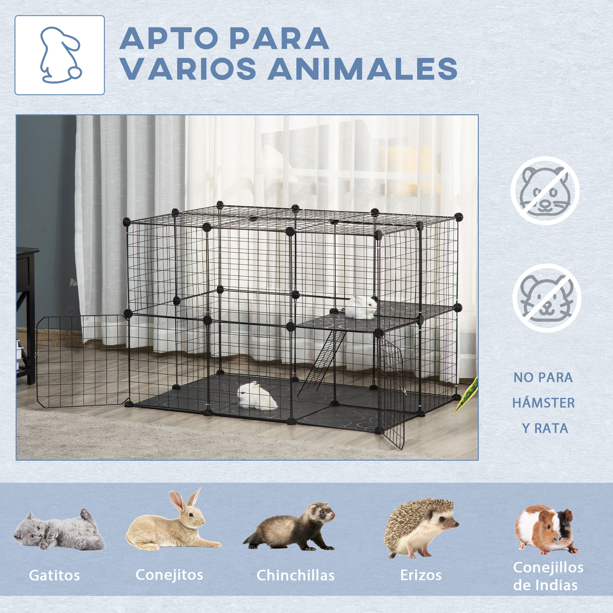 Un recinto de alambre negro con dos conejos blancos. Los carteles muestran que es adecuado para varios animales, pero no para hámsteres o ratas.