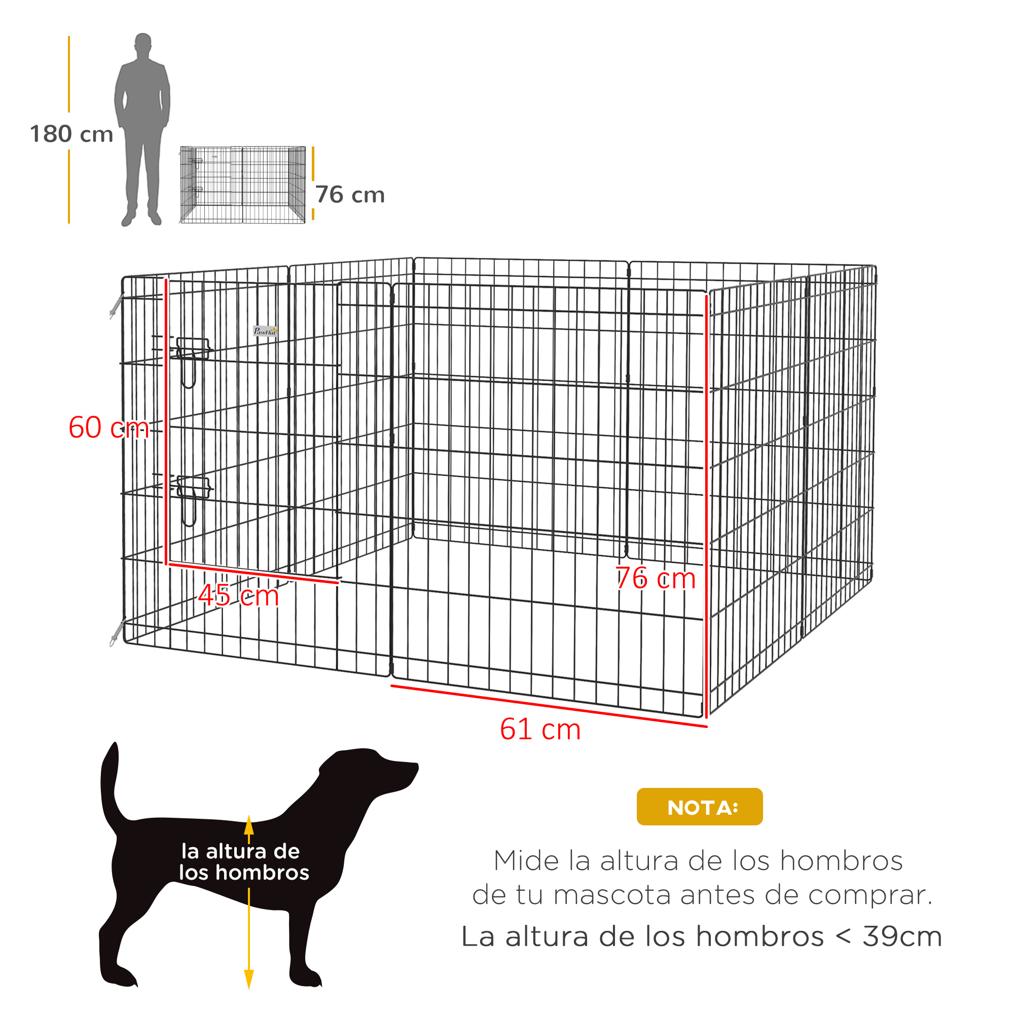 Una jaula para perros de metal negro con dimensiones etiquetadas. Una silueta de perro indica la medición de la altura del hombro.
