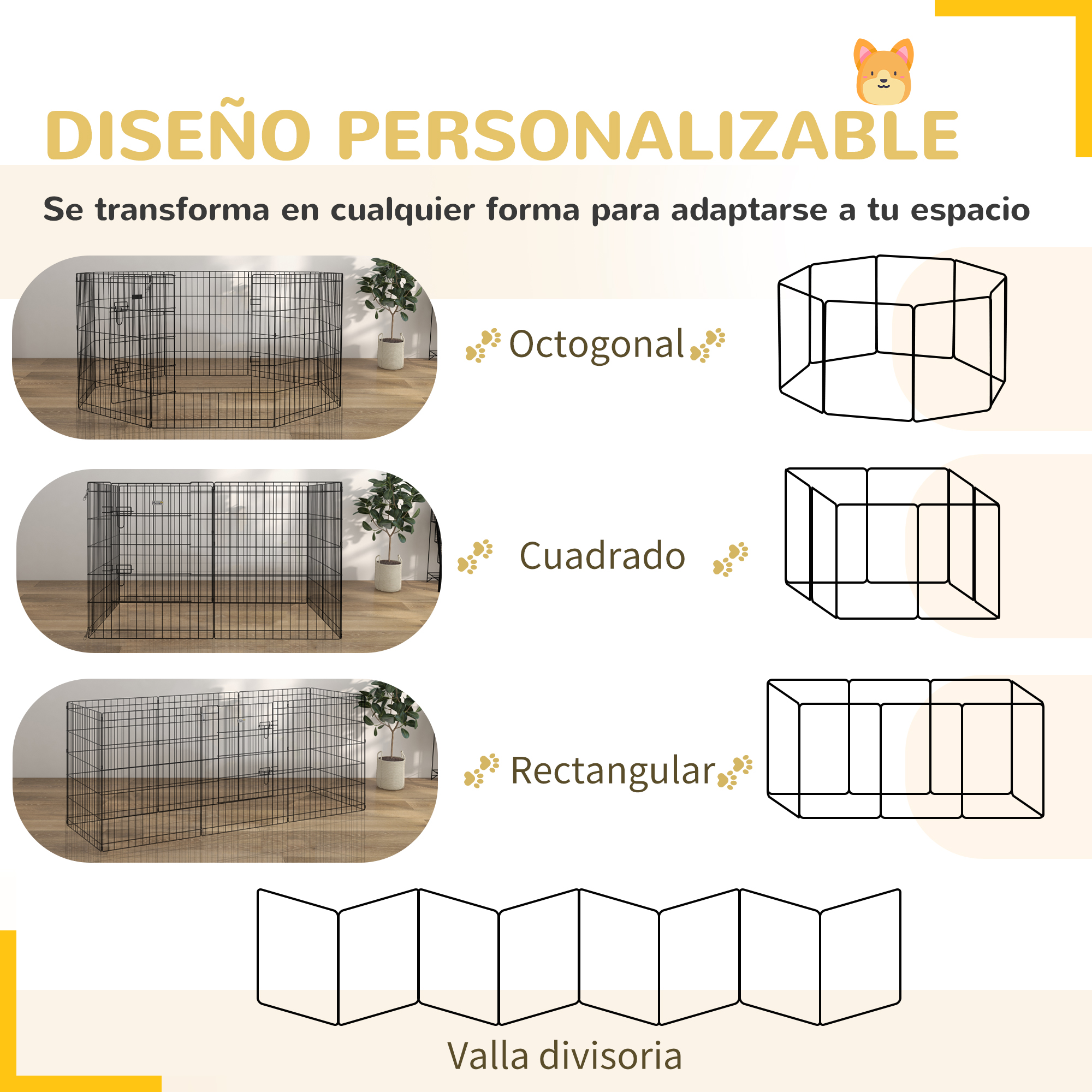 La imagen muestra formas personalizables de parque para mascotas: Octogonal, Cuadrado, Rectangular. Incluye un divisor. El texto dice 'Diseño personalizable'.
