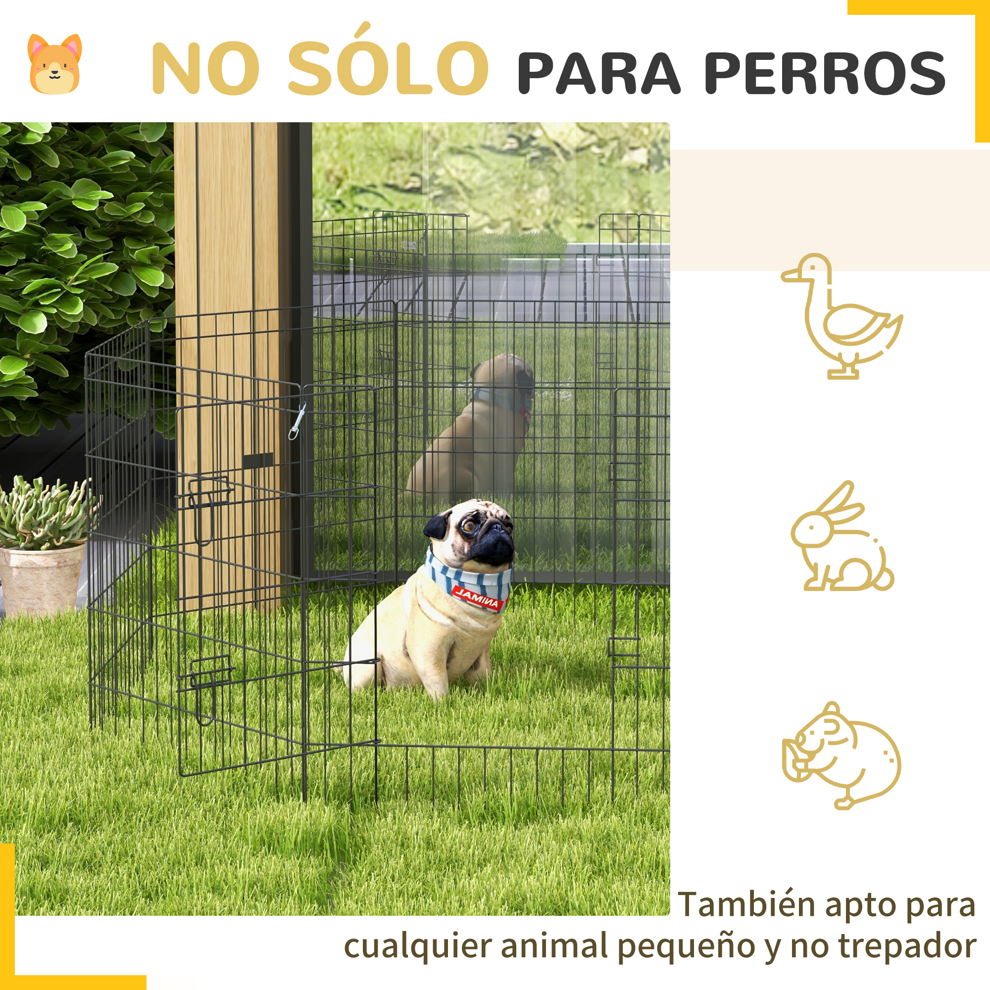 Un pug con pañuelo está en una jaula de alambre negro sobre césped. El texto dice 'No solo para perros'.