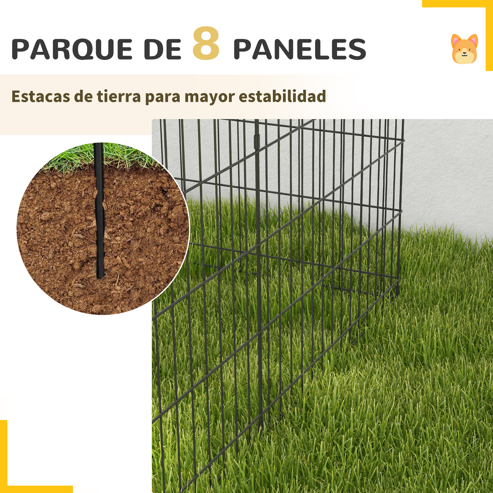 Imagen muestra un corral metálico negro para mascotas sobre hierba verde. Un primer plano muestra una estaca en el suelo.